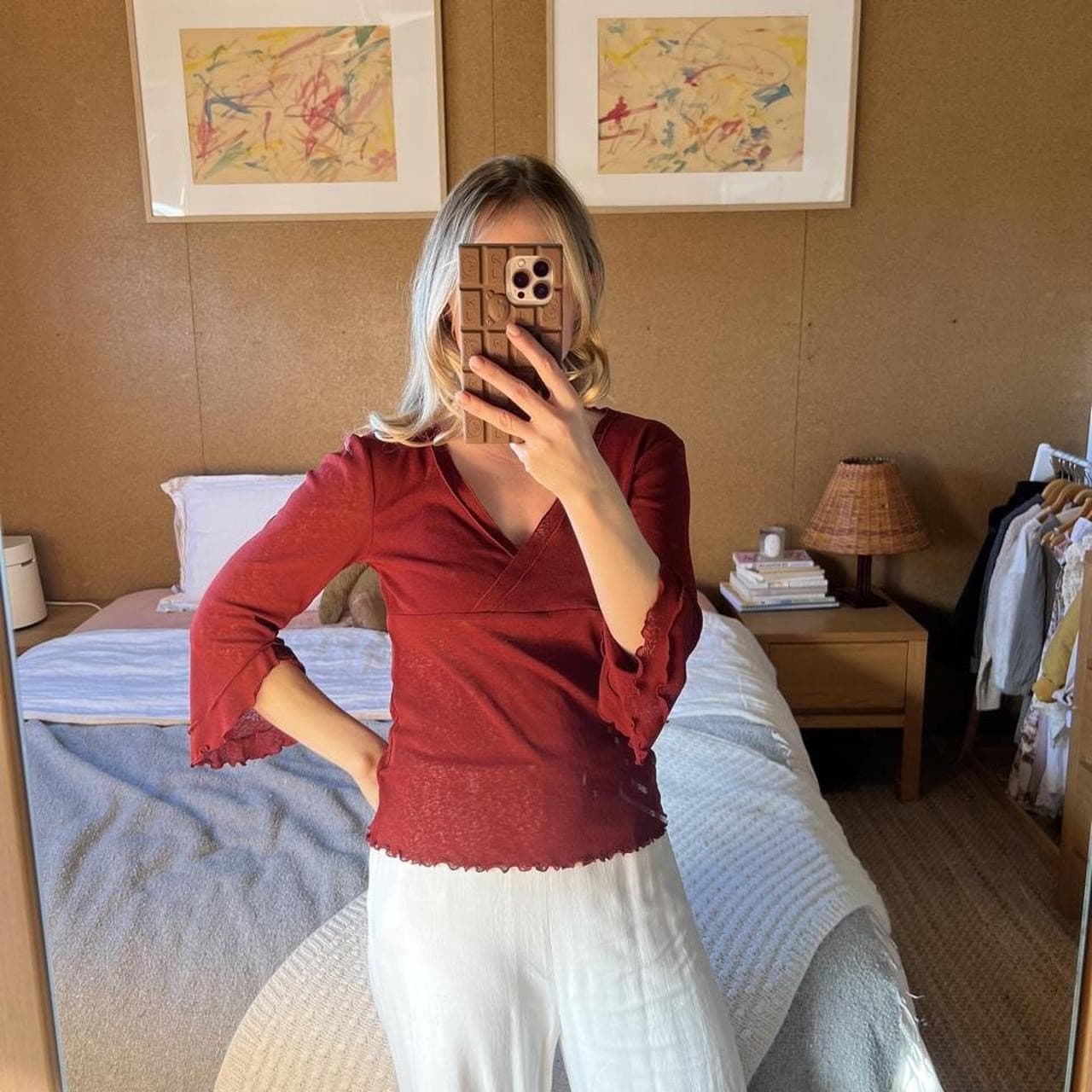 Vintage 90s Y2K Rockmans Burgundy Mesh Top Fluted Bell Sleeve Blouse Goth XS — photo 5 of 7
