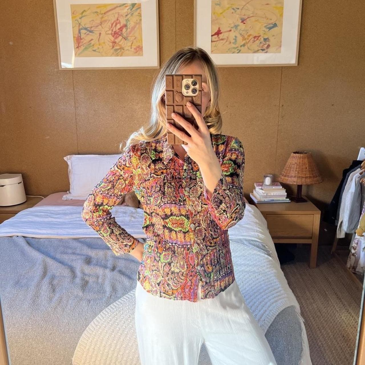 Vintage Y2K Alberto Makali Plisse Pleated Shirt Psychedelic Paisley Blouse S — photo 1 of 8
