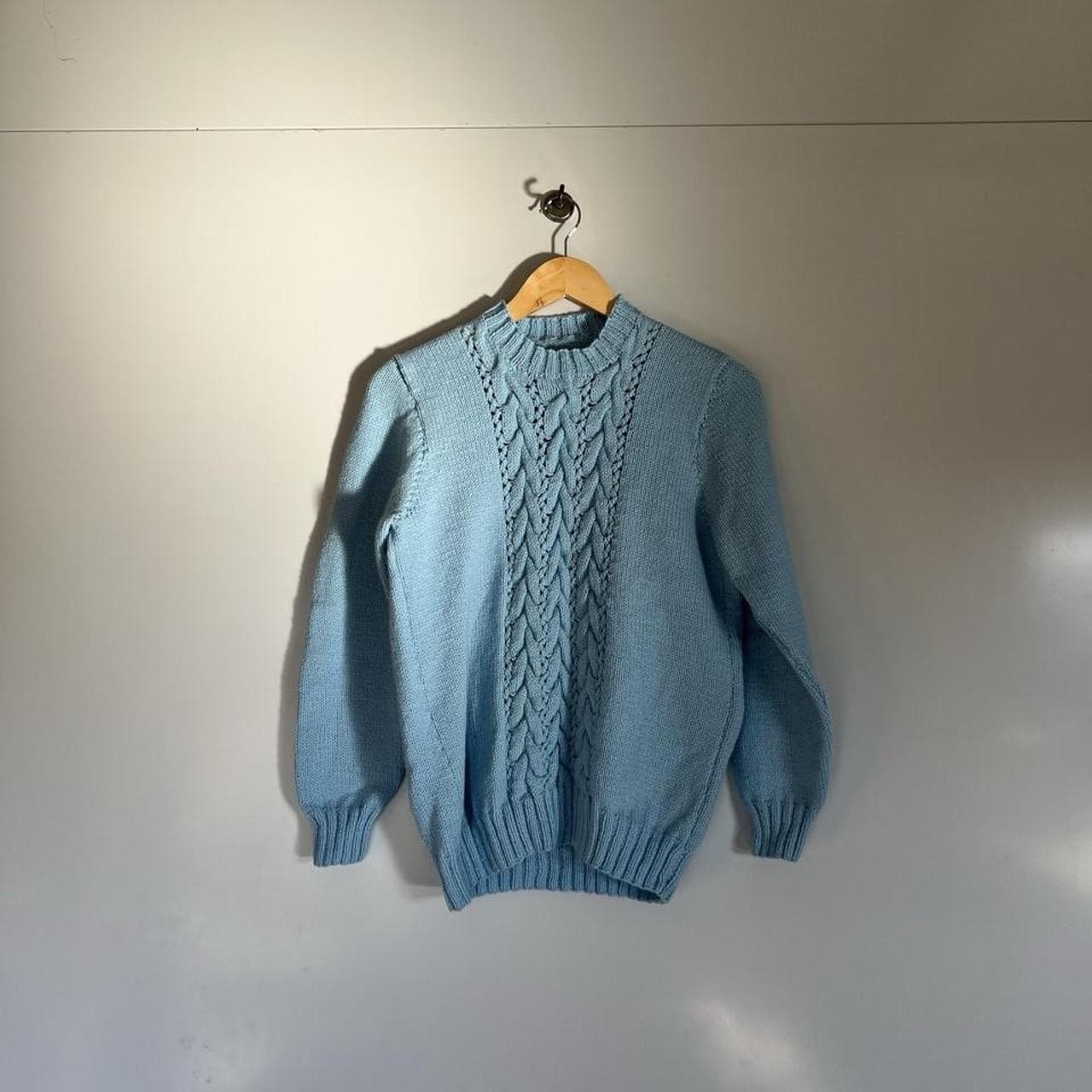 Vintage Handmade Hand Knitted Baby Blue Cable Knit Cotton Blend Sweater Jumper — photo 2 of 8