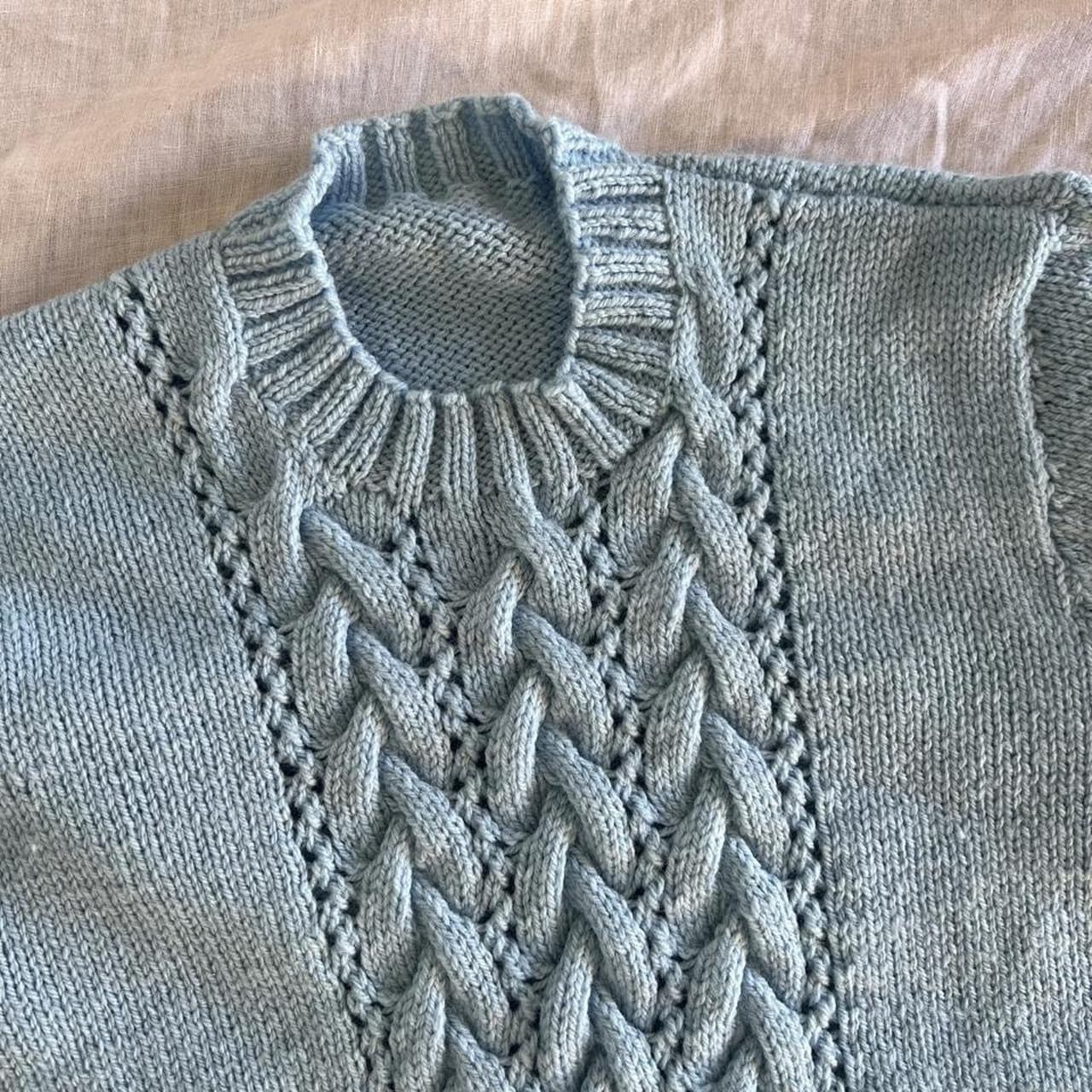 Vintage Handmade Hand Knitted Baby Blue Cable Knit Cotton Blend Sweater Jumper — photo 6 of 8