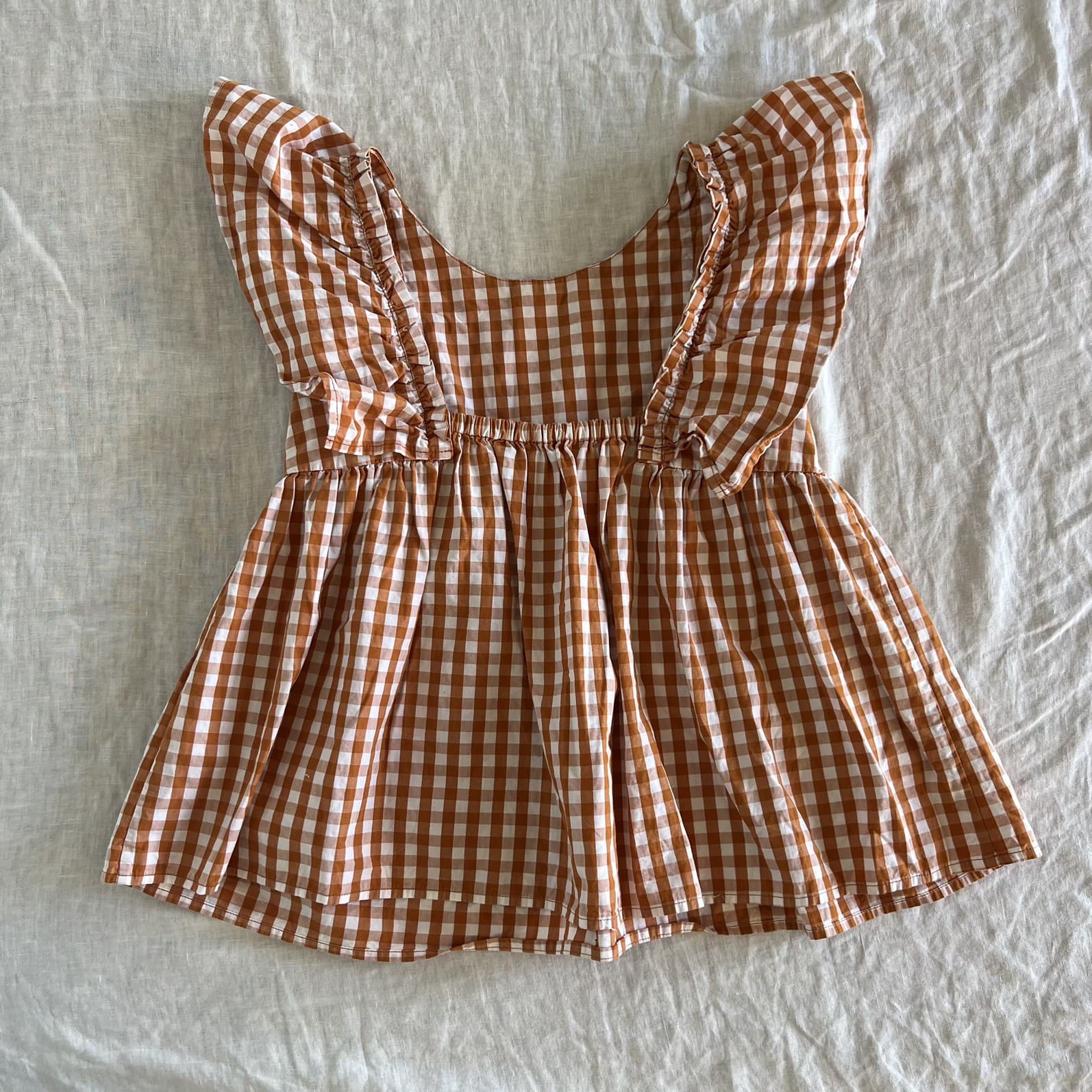 RB Sellars Girls Gingham Top Terracotta Orange Brown Cotton Ruffle Smock Size 10 — photo 2 of 5