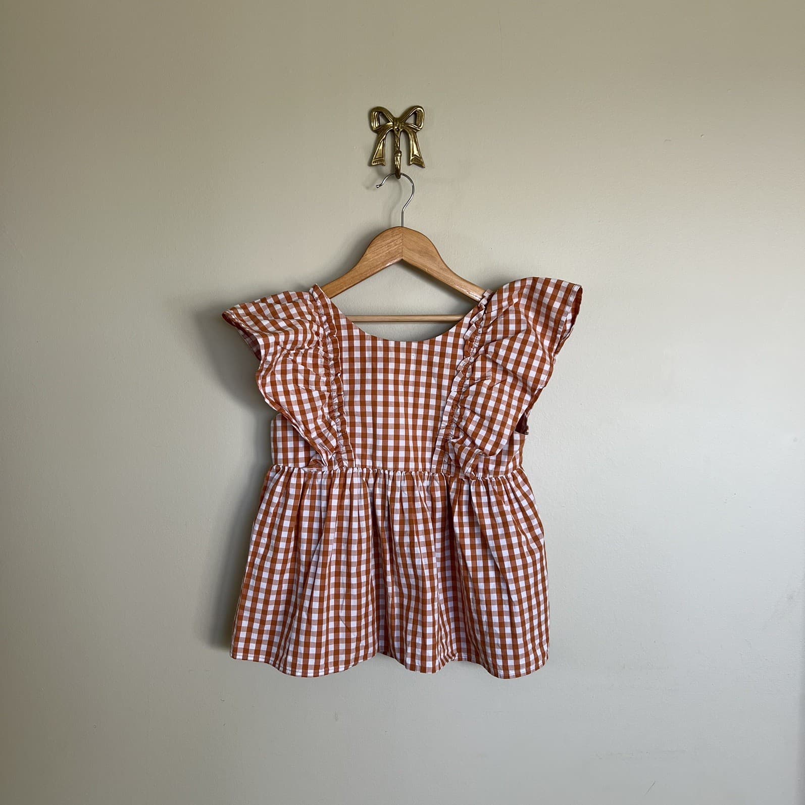 RB Sellars Girls Gingham Top Terracotta Orange Brown Cotton Ruffle Smock Size 10 — photo 4 of 5