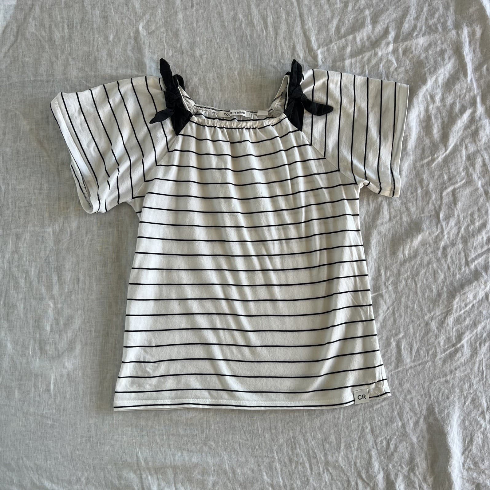 Country Road Girls Striped Top Cotton Shoulder Tie Bow Blouse Black White 10 — photo 1 of 6