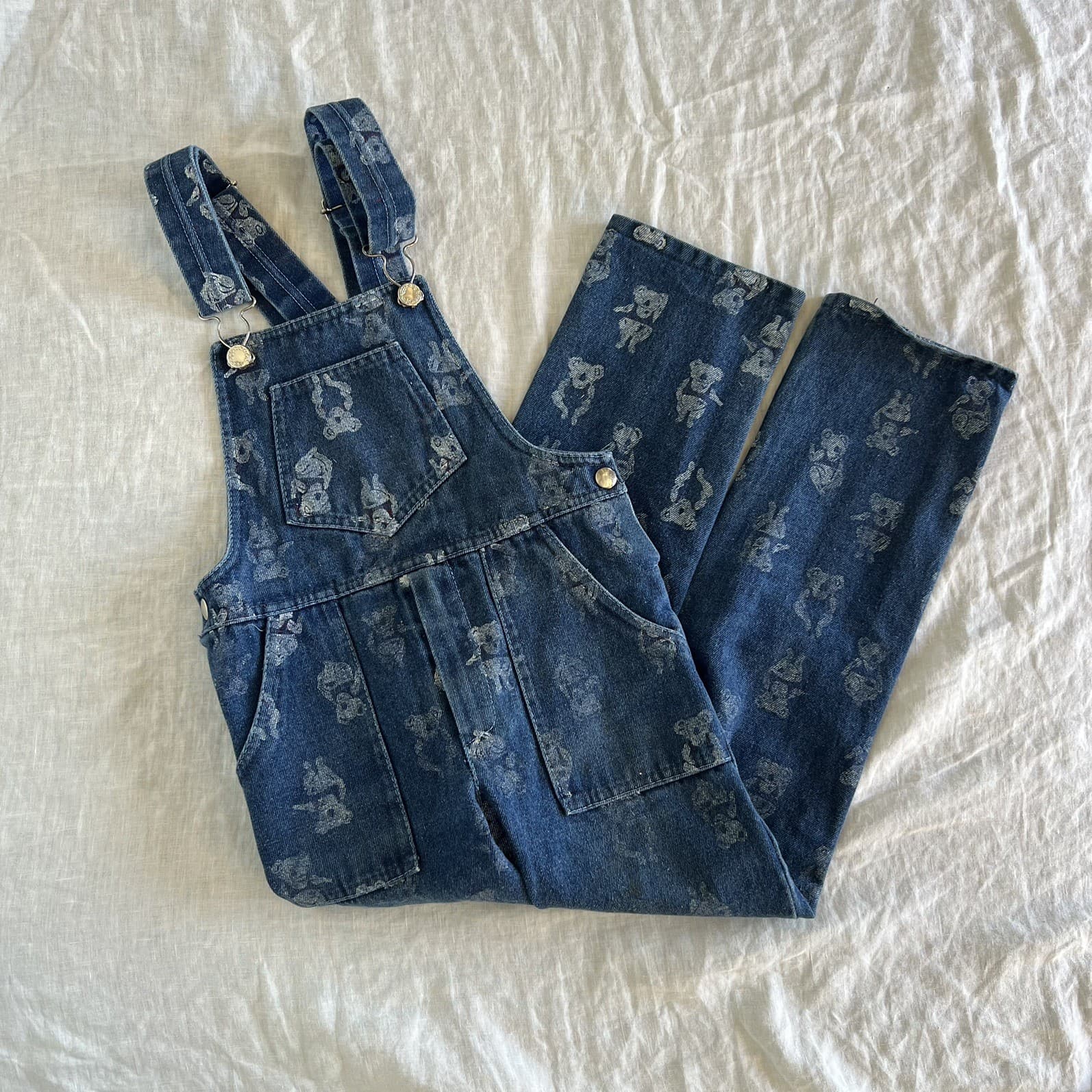 90s Vintage Australiana Overalls Kids 7 Blue Denim Koala Print Dungarees Cotton — photo 1 of 9