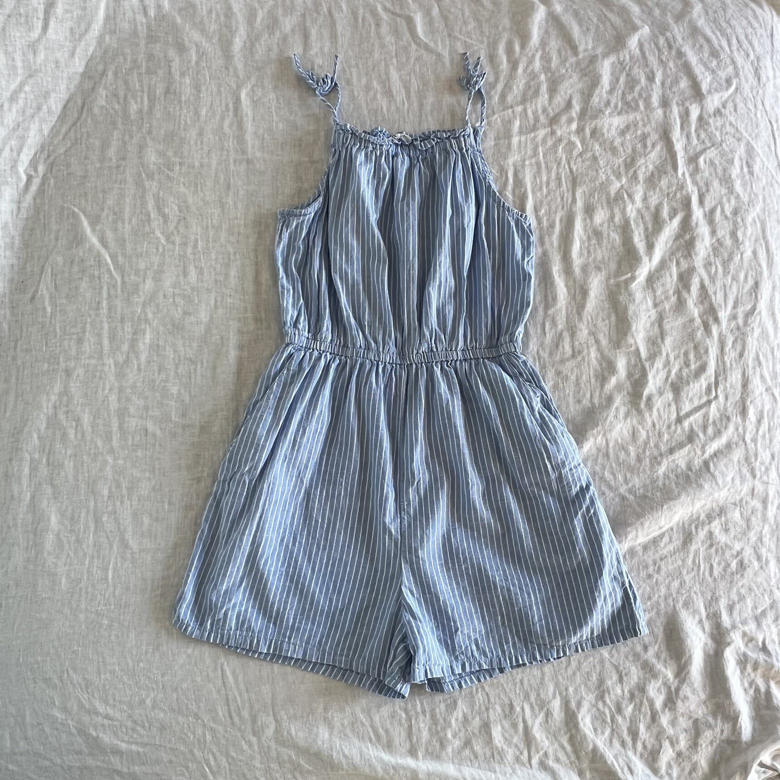 H&M Girls Jumpsuit Size 12 Blue White Stripe Cotton Seersucker Playsuit Romper — photo 1 of 6