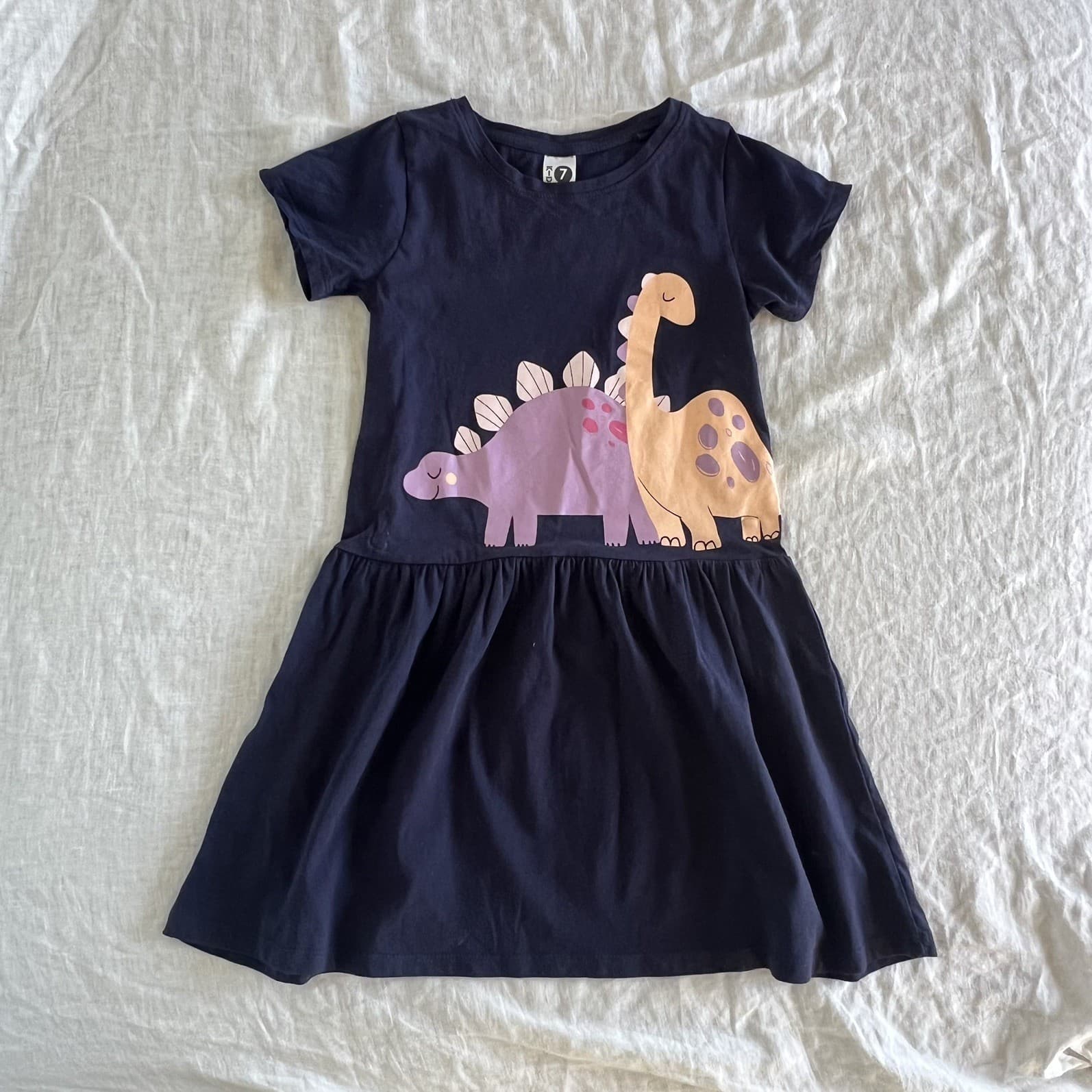 Kids Girls Dress Size 7 Navy Blue Dinosaur Print Cotton T-Shirt Drop Waist Cute — photo 1 of 5