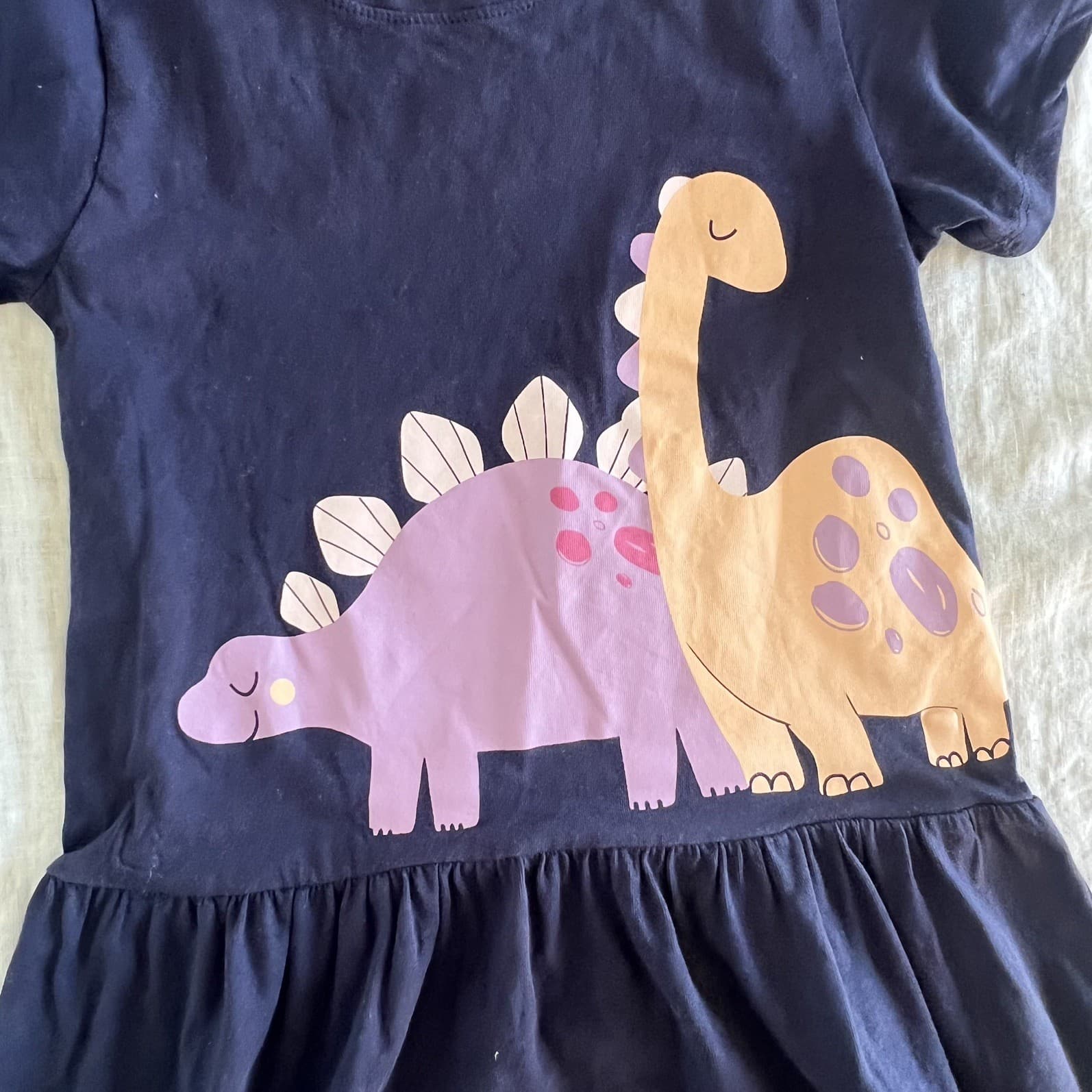 Kids Girls Dress Size 7 Navy Blue Dinosaur Print Cotton T-Shirt Drop Waist Cute — photo 3 of 5