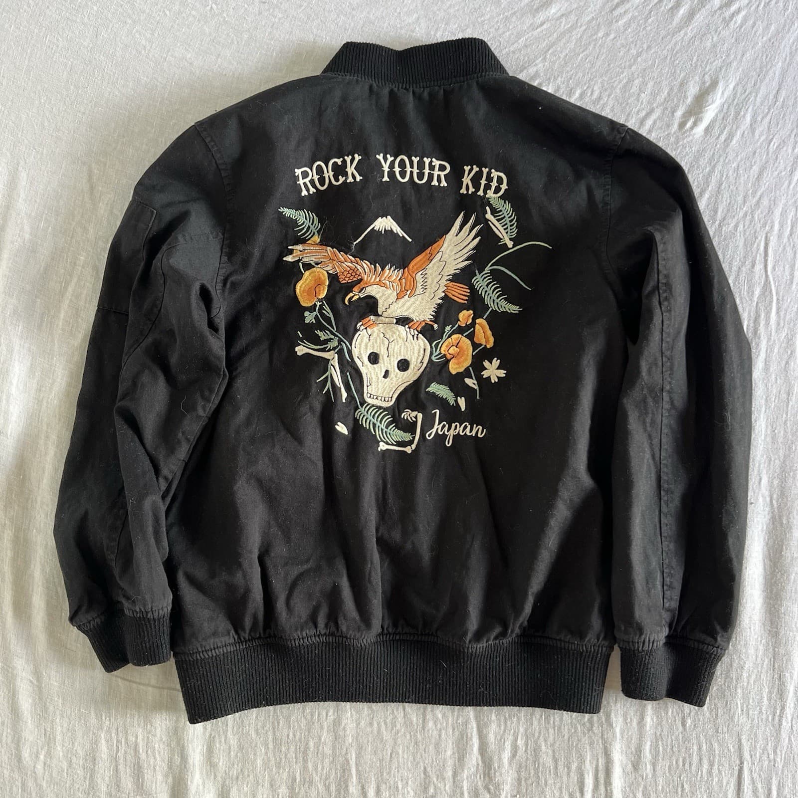 Rock Your Kid Boys Bomber Jacket Size 8 Black Sukajan Japan Eagle Skull RYK — photo 1 of 5