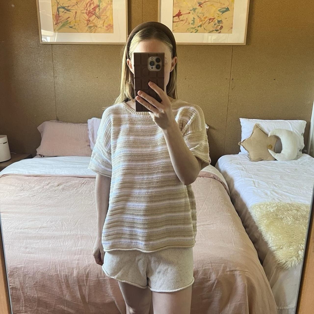 Little Lies Beige Stripe Cotton Knit Top S M Oversized Crochet Coastal Beach — photo 1 of 7