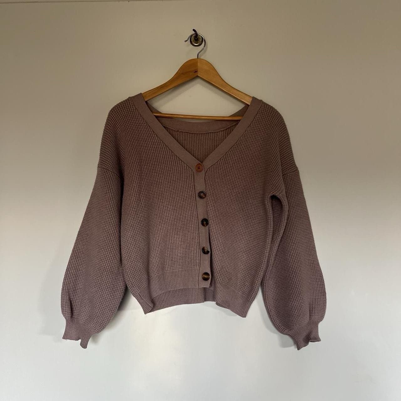 Archives Japan Lavender Puff Sleeve Cardigan Cropped Waffle Knit Cottagecore — photo 4 of 8