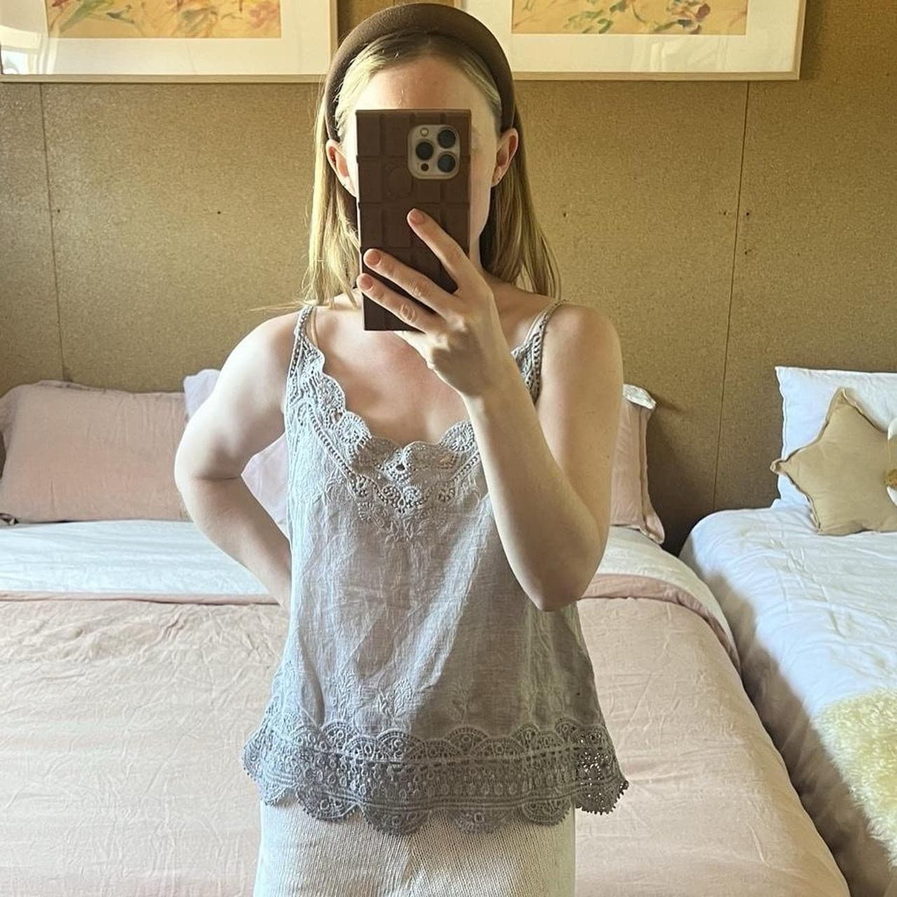 Vintage Grey Linen Blend Embroidered Cami Top Crochet Lace Fairycore Boho M L — photo 1 of 8