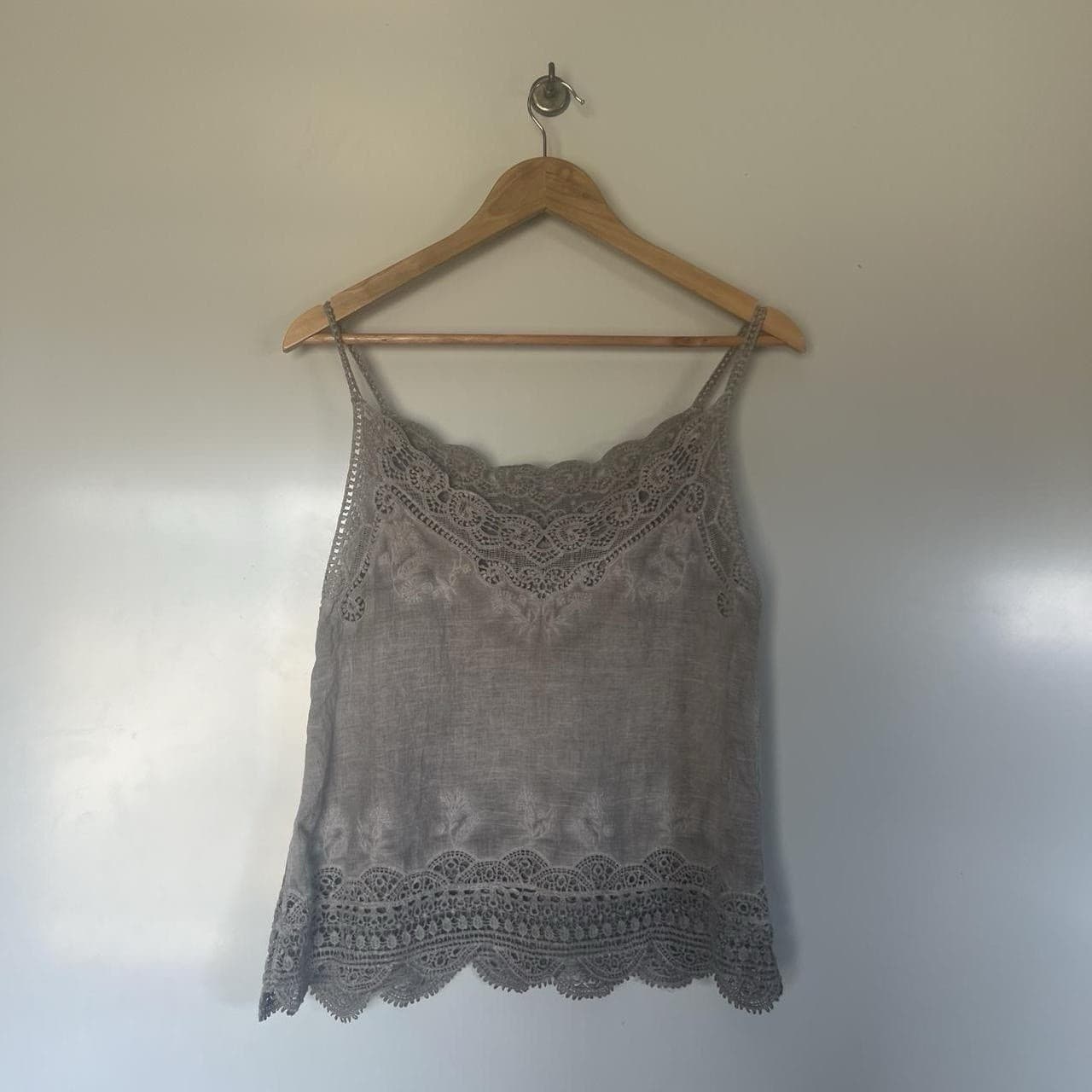 Vintage Grey Linen Blend Embroidered Cami Top Crochet Lace Fairycore Boho M L — photo 3 of 8