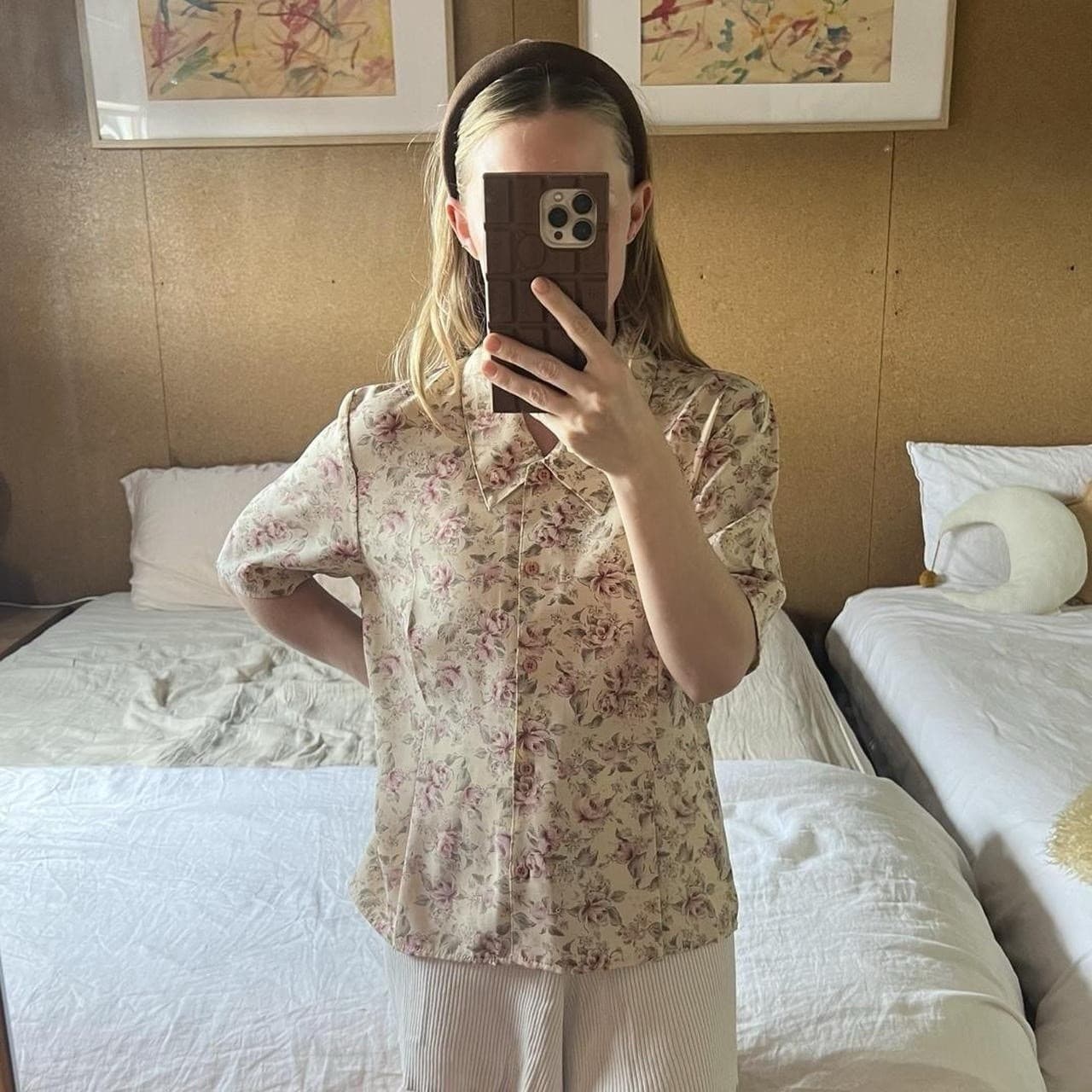 Vintage 90s Floral Blouse Beige Pink Rose Button Up Prairie Cottagecore M 10 12 — photo 1 of 8