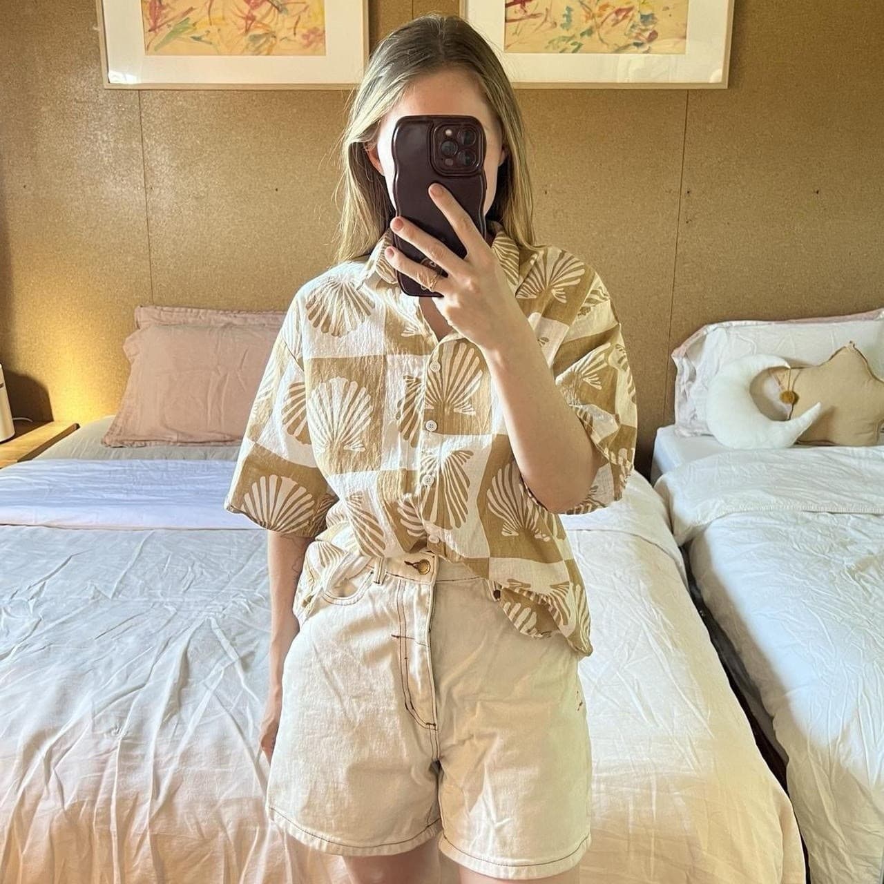 By Frankie Seashell Shirt S Beige Checkered Button Up Slub Cotton Boho Coastal — photo 1 of 8