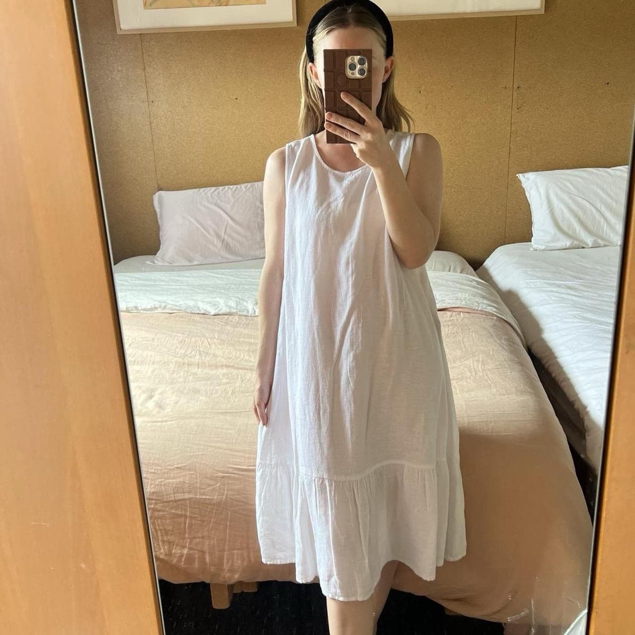 White Linen Blend Dress Ruffle Hem Mori Girl Fairy Prairie Slouchy Lagenlook L — photo 1 of 8