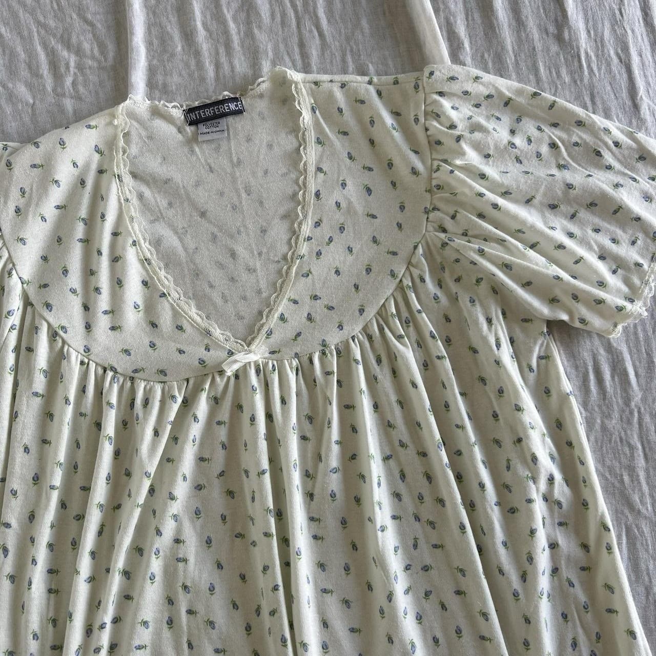 Vintage Floral Prairie Dress 16 White Blue Cottagecore Coquette Milkmaid Midi — photo 1 of 8