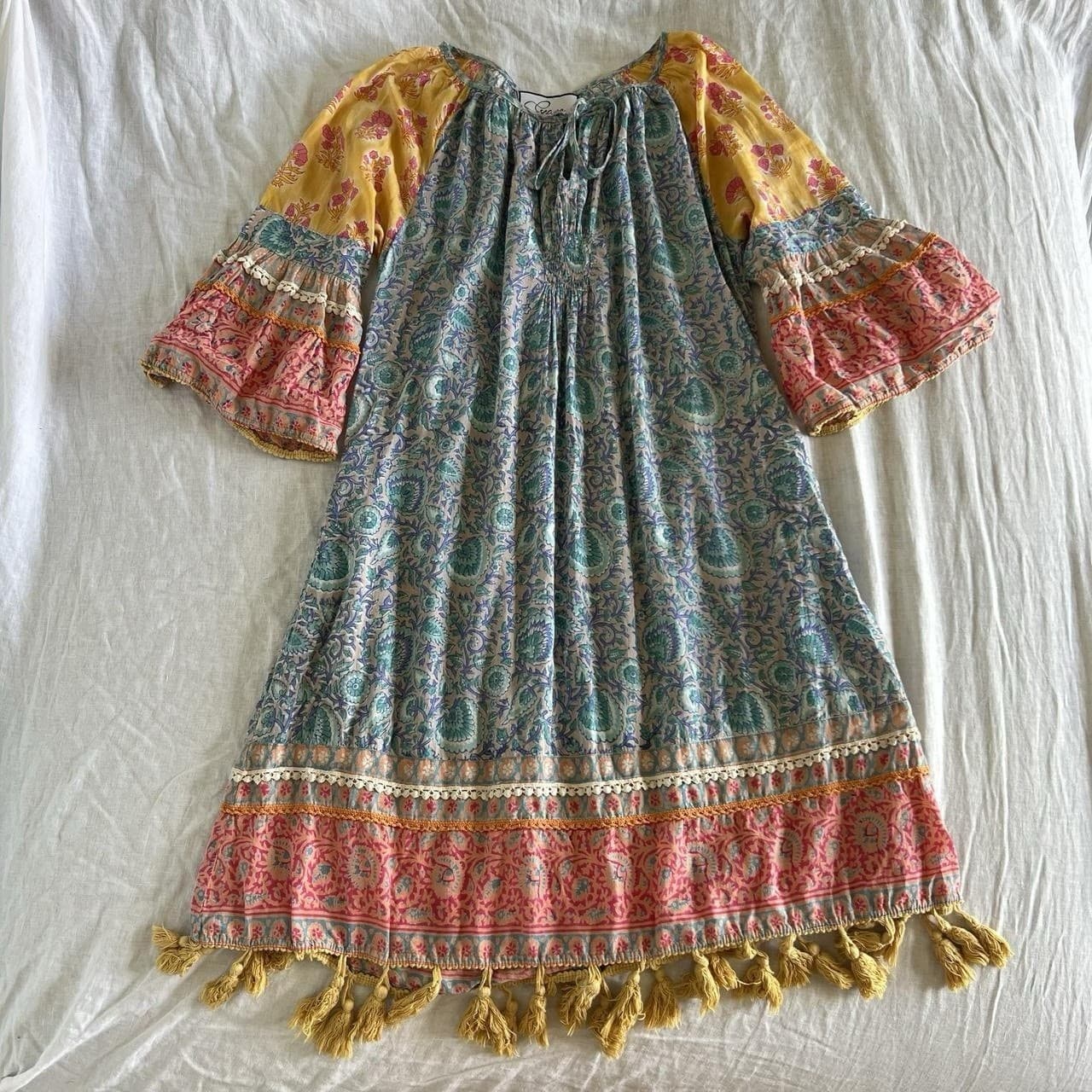 Escape by OQ 100% Cotton Boho Mini Dress 8 Block Print Tassel Bell Sleeve Smock — photo 1 of 7