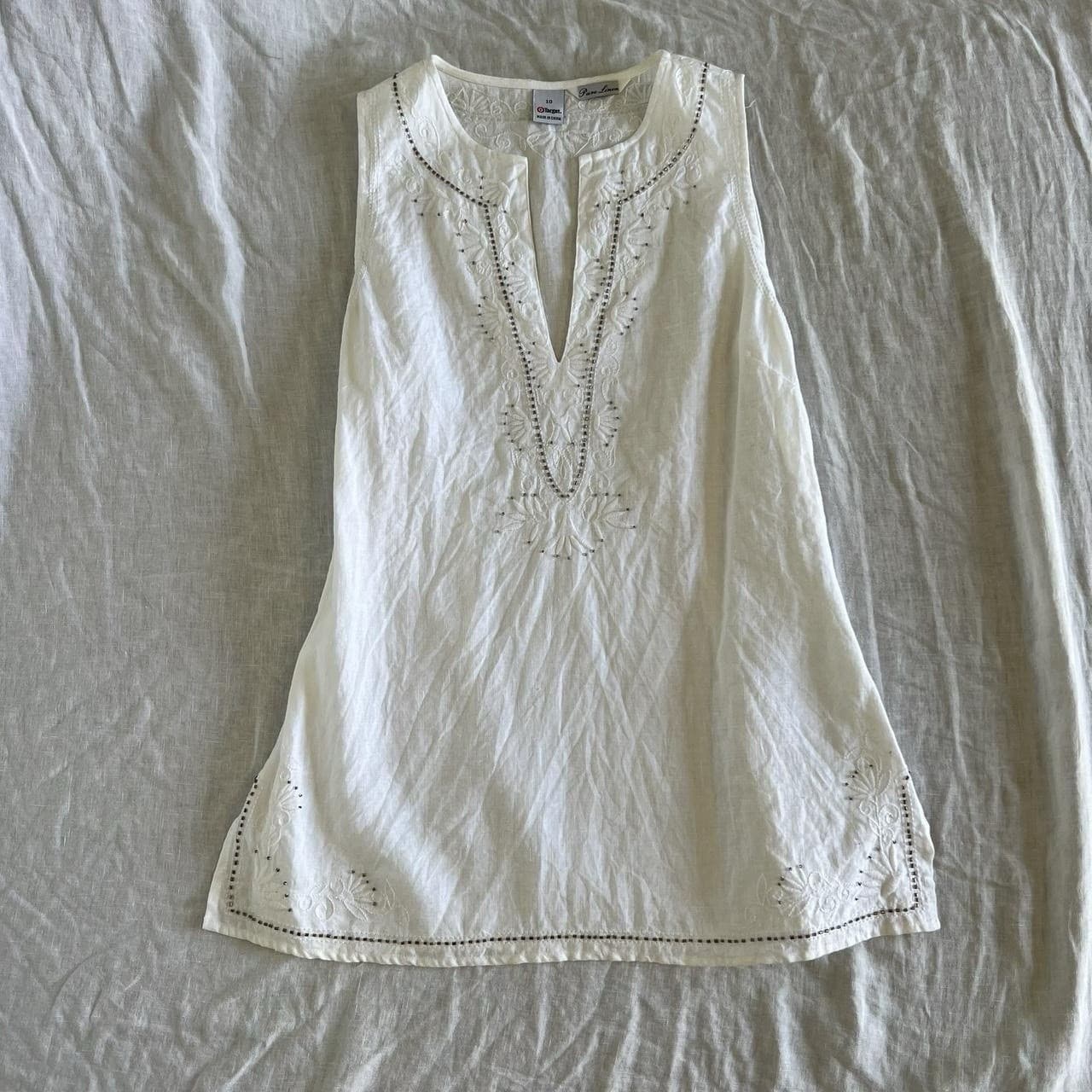 White Pure Linen Tunic Top 10 Vintage Target Beaded Embroidered Boho Coastal — photo 1 of 8