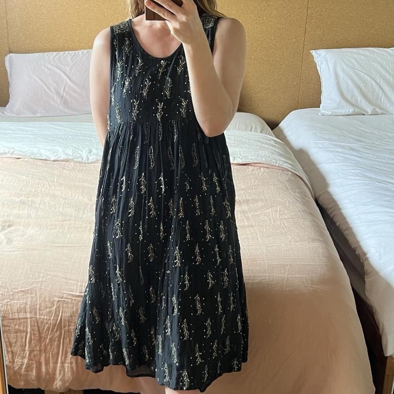 Eb Ive Black Cotton Smock Dress S Gold Sequin Embroidered Keyhole Whimsygoth — photo 8 of 8