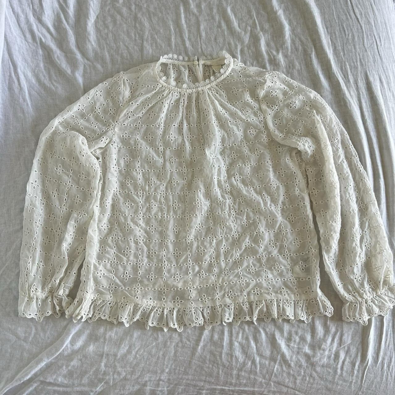 H&M White Sheer Eyelet Blouse S Broderie Anglaise Ruffle Prairie Coquette Top — photo 2 of 8
