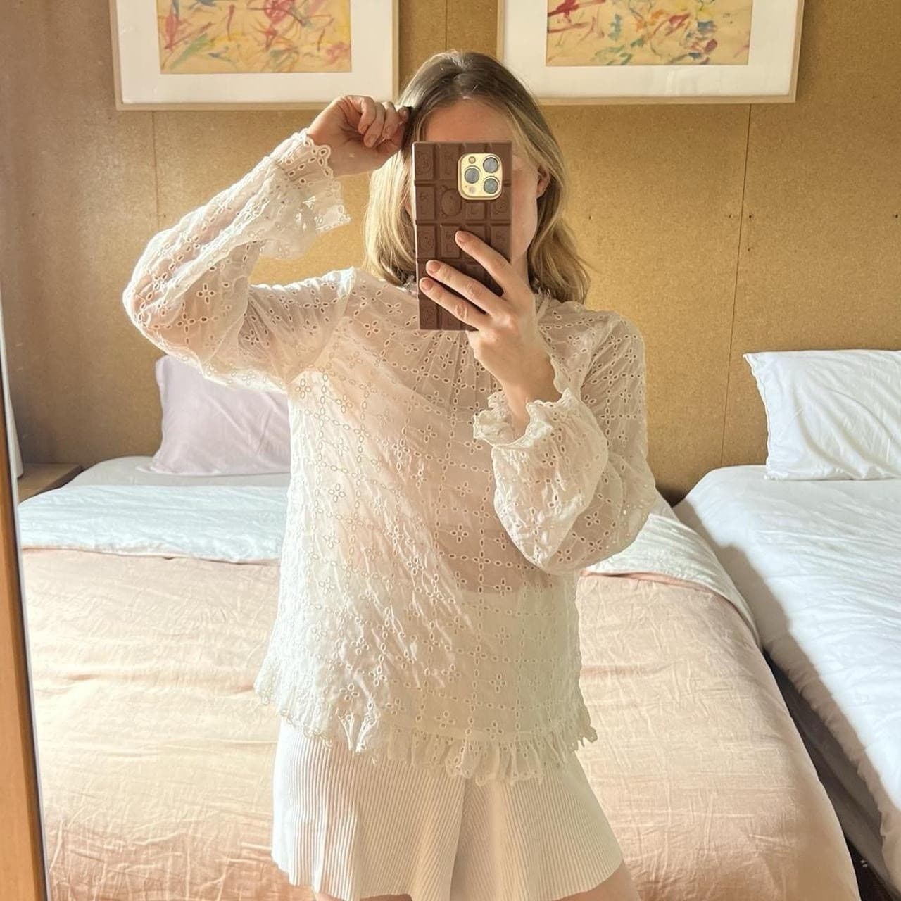 H&M White Sheer Eyelet Blouse S Broderie Anglaise Ruffle Prairie Coquette Top — photo 3 of 8