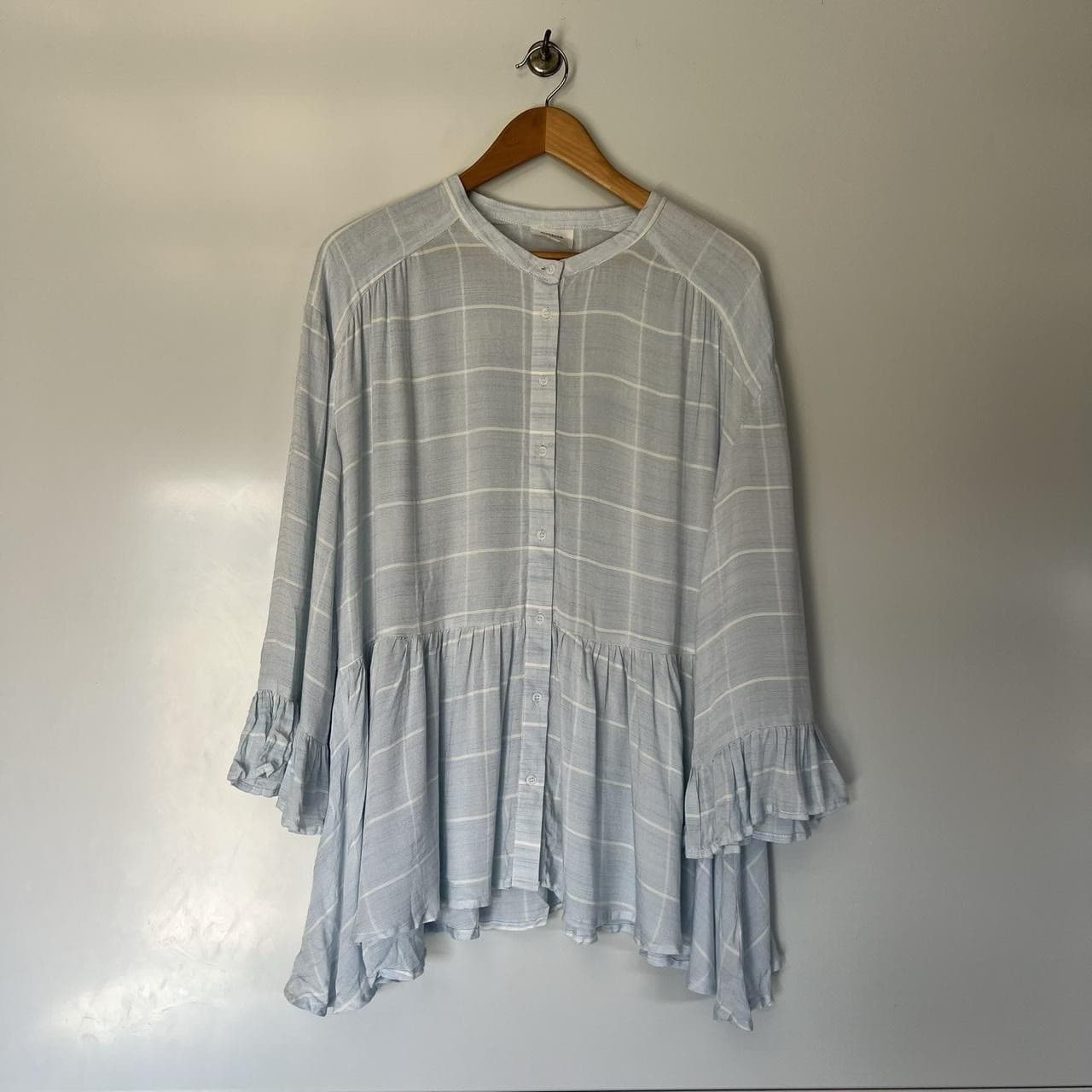 Seed Heritage Blue Grid Check Blouse 14 Viscose Peplum Smock Ruffle Sleeve — photo 2 of 8