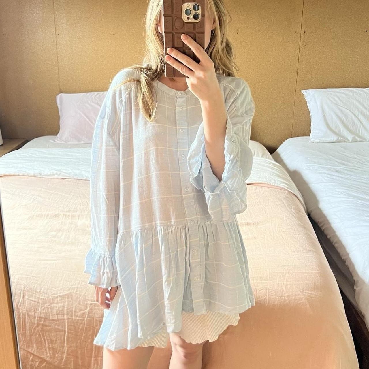 Seed Heritage Blue Grid Check Blouse 14 Viscose Peplum Smock Ruffle Sleeve — photo 4 of 8