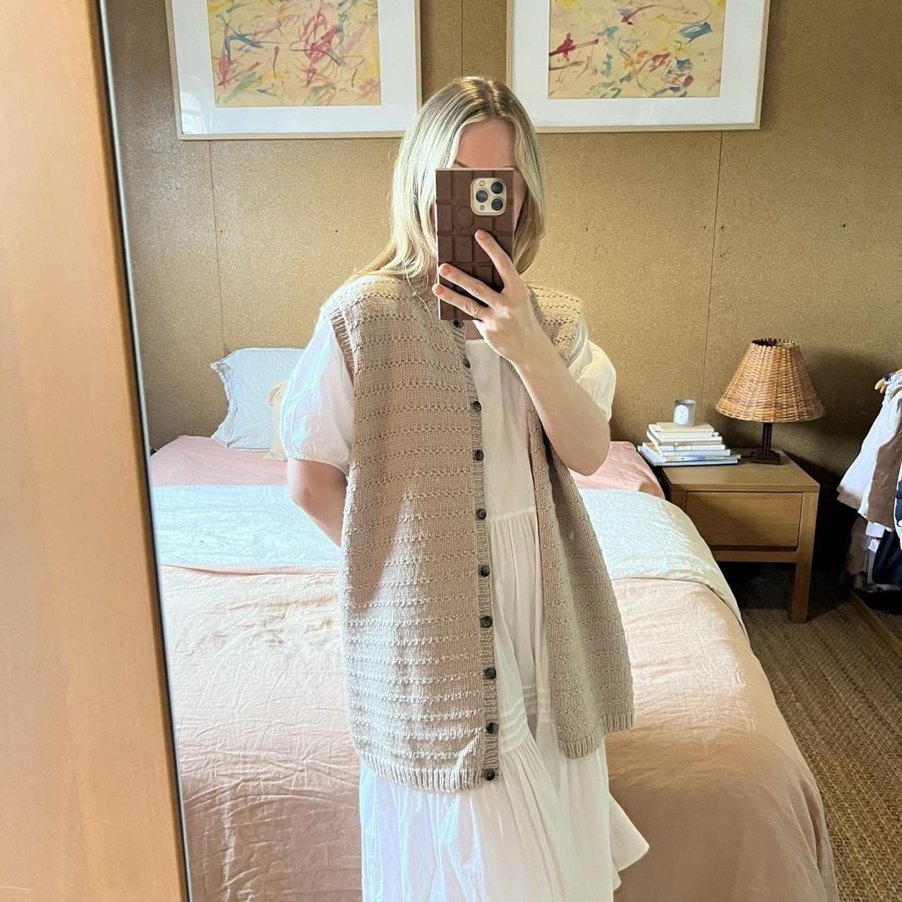 Handmade Beige Knit Vest L Longline Button Down Cardigan Waistcoat Cottagecore — photo 1 of 7