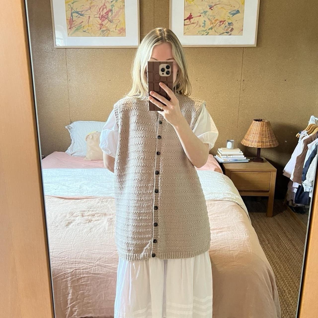 Handmade Beige Knit Vest L Longline Button Down Cardigan Waistcoat Cottagecore — photo 2 of 7