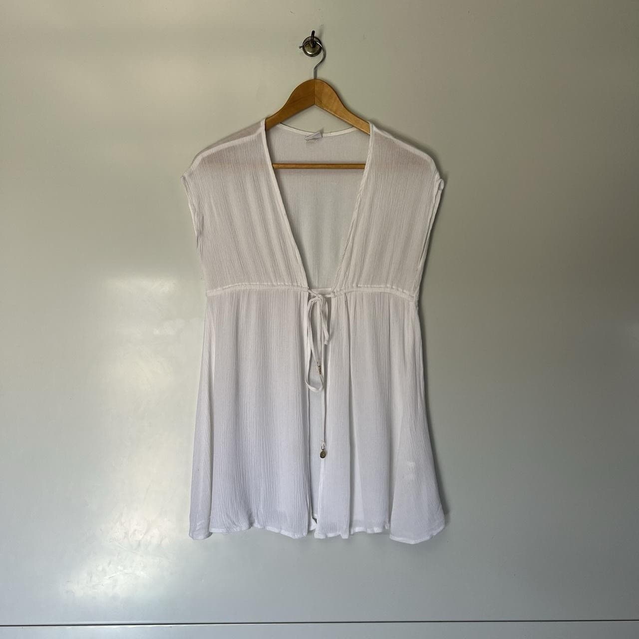 White Sheer Crinkle Rayon Babydoll Tie Front Tunic Top S Y2K Coverup Fairy Layer — photo 3 of 8