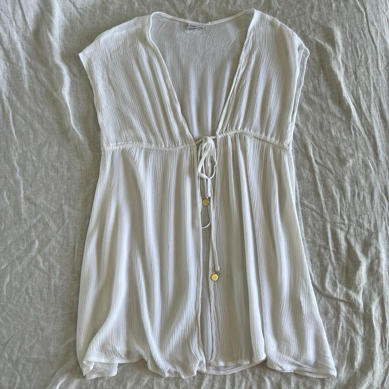 White Sheer Crinkle Rayon Babydoll Tie Front Tunic Top S Y2K Coverup Fairy Layer — photo 5 of 8