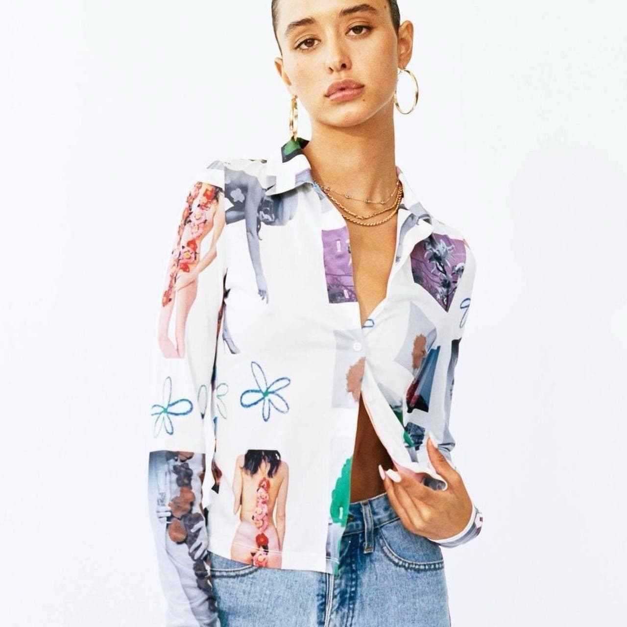 With Jean Bobbie Shirt M White Graphic Slinky Mesh Top Y2K Model Off Duty Retro — photo 1 of 8