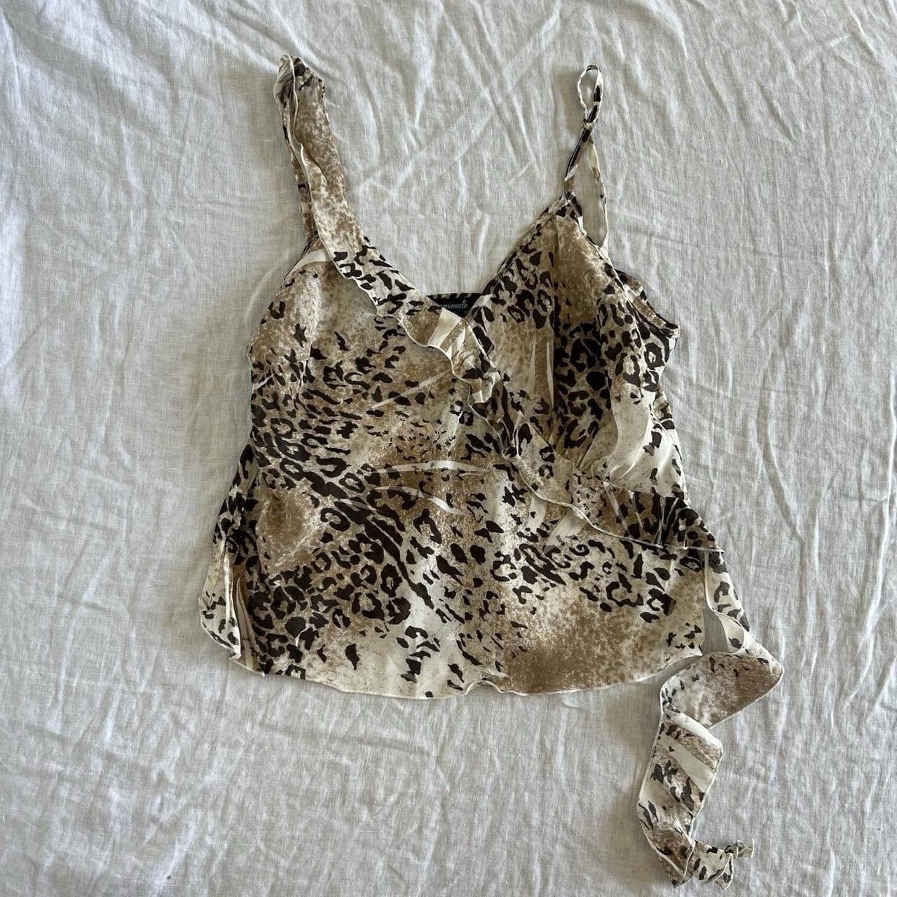 Animale Vintage Leopard Cami Top M Viscose Ruffle V Neck Sheer Mesh Y2K Blouse — photo 1 of 8