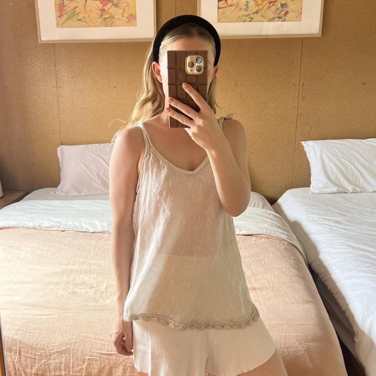 Made in Italy 100% Linen Cami Top S M Crochet Lace Trim Fairy Boho Coastal — photo 3 of 7