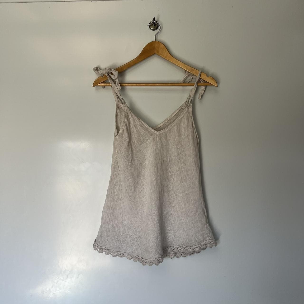 Made in Italy 100% Linen Cami Top S M Crochet Lace Trim Fairy Boho Coastal — photo 5 of 7