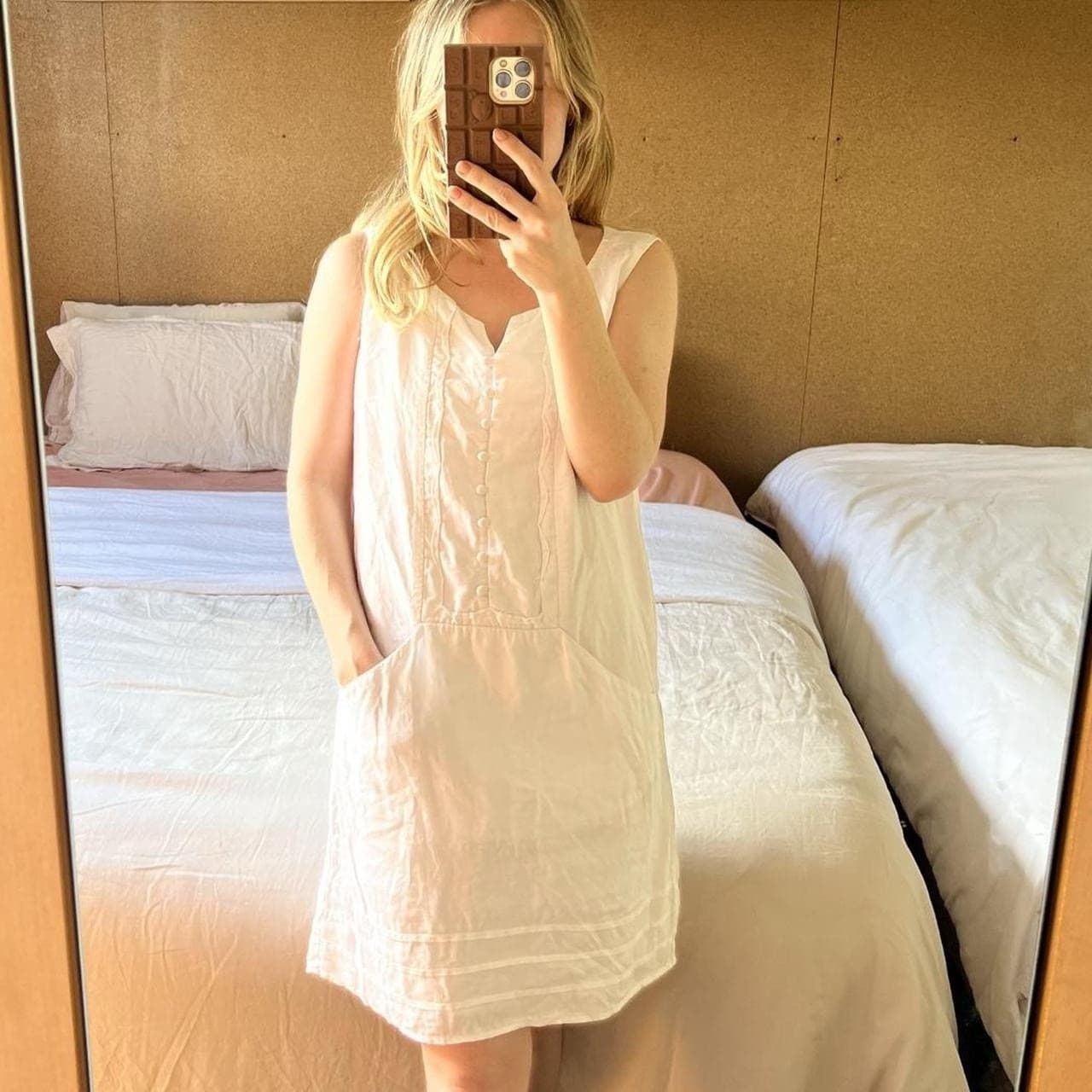 Great Plains London White Linen Dress S Prairie Scalloped Pintuck Pocket Smock — photo 2 of 7