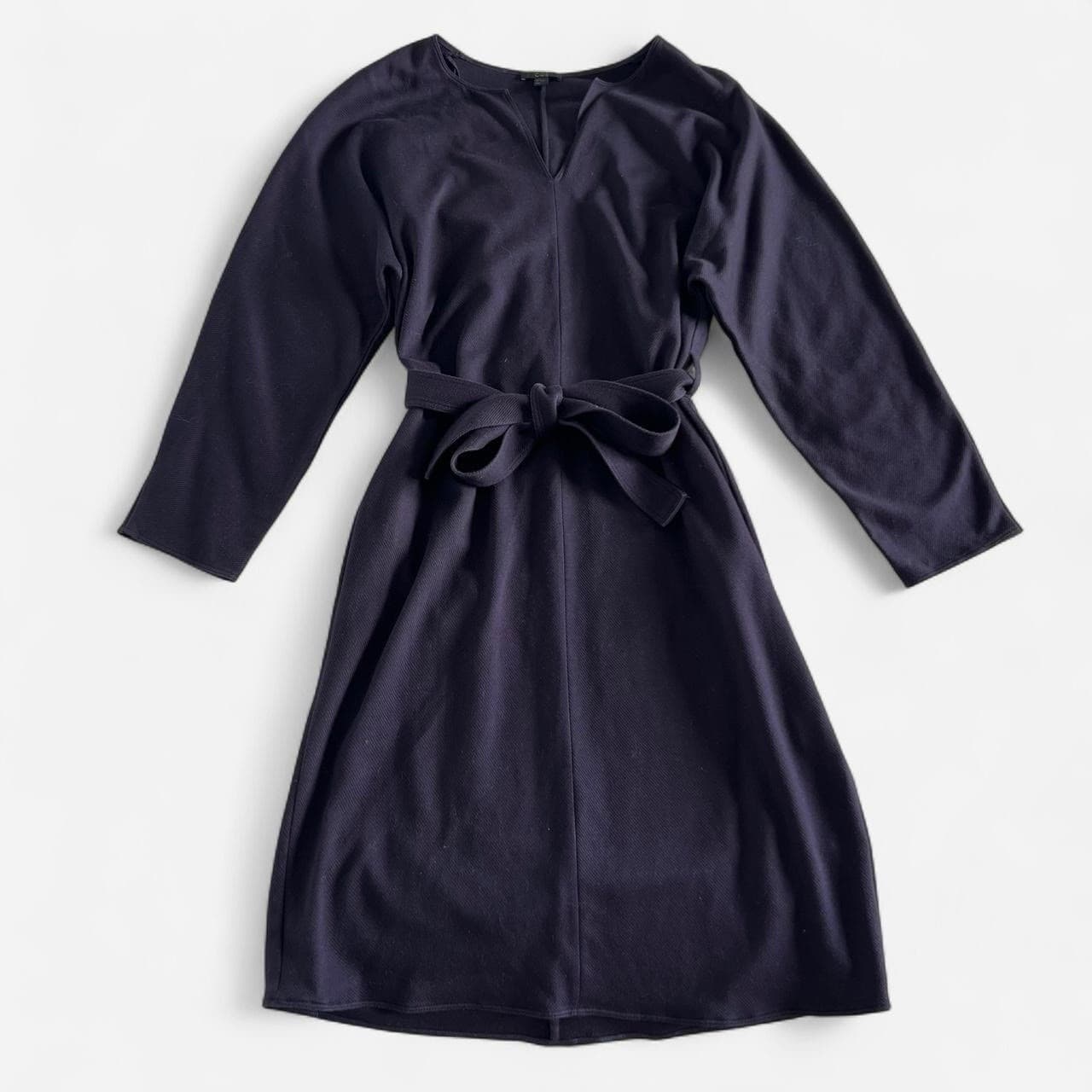 COS Navy 100% Cotton Tie Waist Dress S Minimalist Long Sleeve Split V Neck — photo 1 of 8