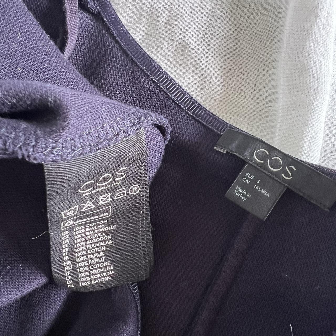 COS Navy 100% Cotton Tie Waist Dress S Minimalist Long Sleeve Split V Neck — photo 8 of 8