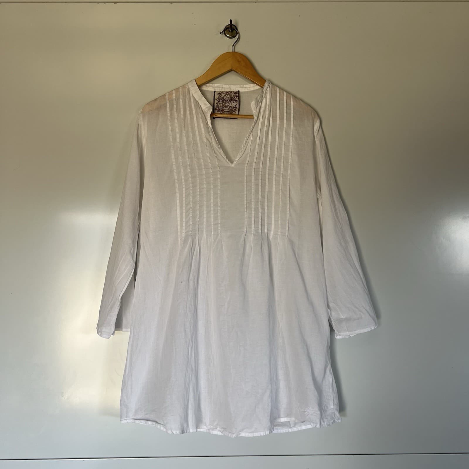 Seafolly White 100% Cotton Tunic Dress L Beach Cover Up Pleated Kaftan Resort — photo 1 of 7