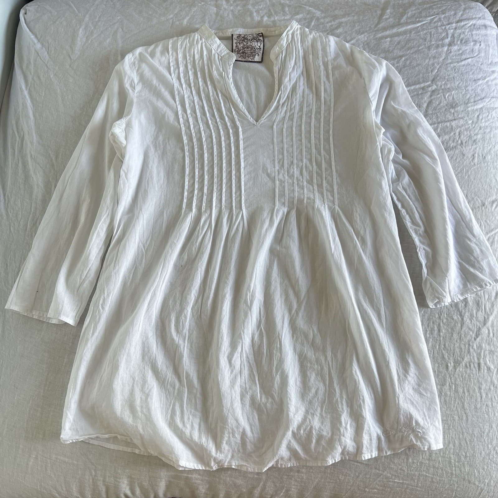 Seafolly White 100% Cotton Tunic Dress L Beach Cover Up Pleated Kaftan Resort — photo 3 of 7