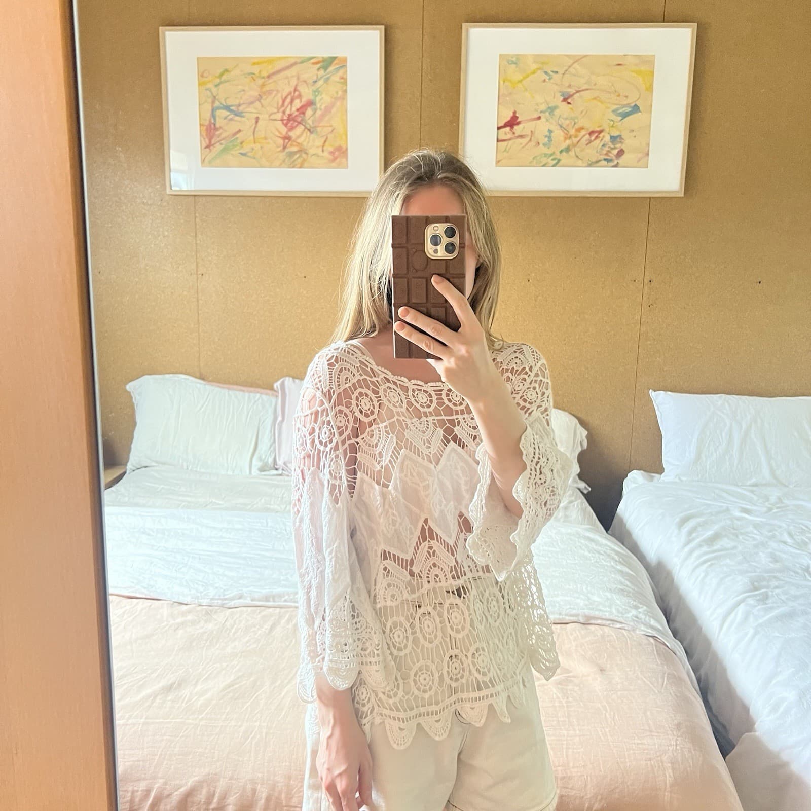 White Cotton Crochet Knit Bell Sleeve Top L Fairy Y2K Boho Festival Flare Sleeve — photo 3 of 9