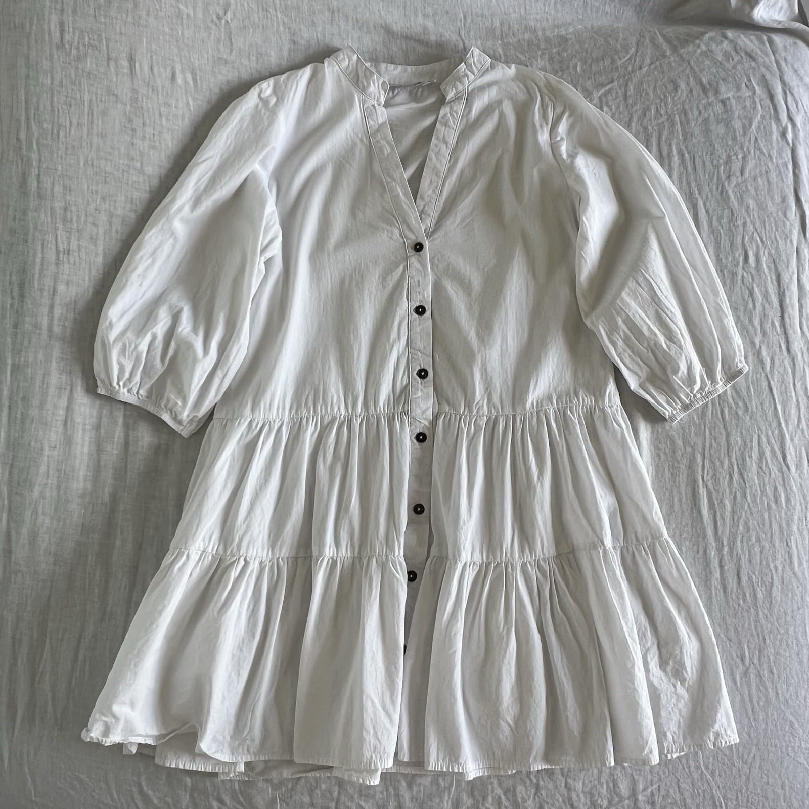 St Frock White 100% Cotton Shirt Dress S M Tiered Smock Mini Boho Coastal Puff — photo 1 of 8
