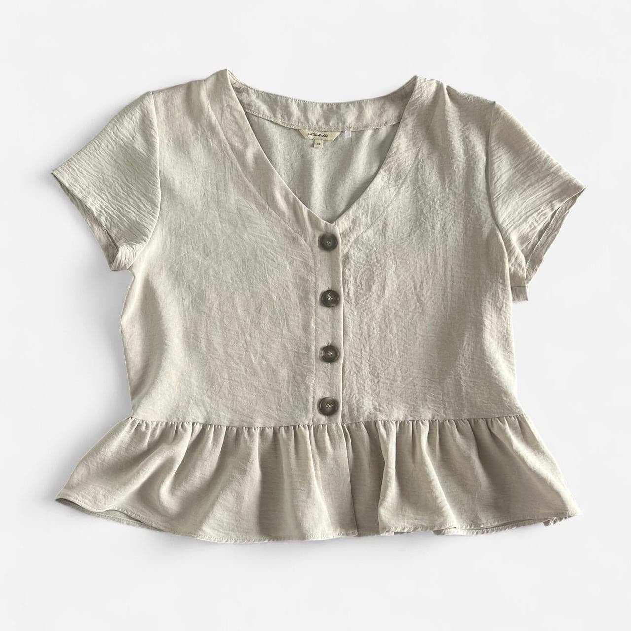 Petite Studio NYC Beige Crinkle Crepe Blouse PL Peplum Frill Coquette Boho — photo 2 of 7