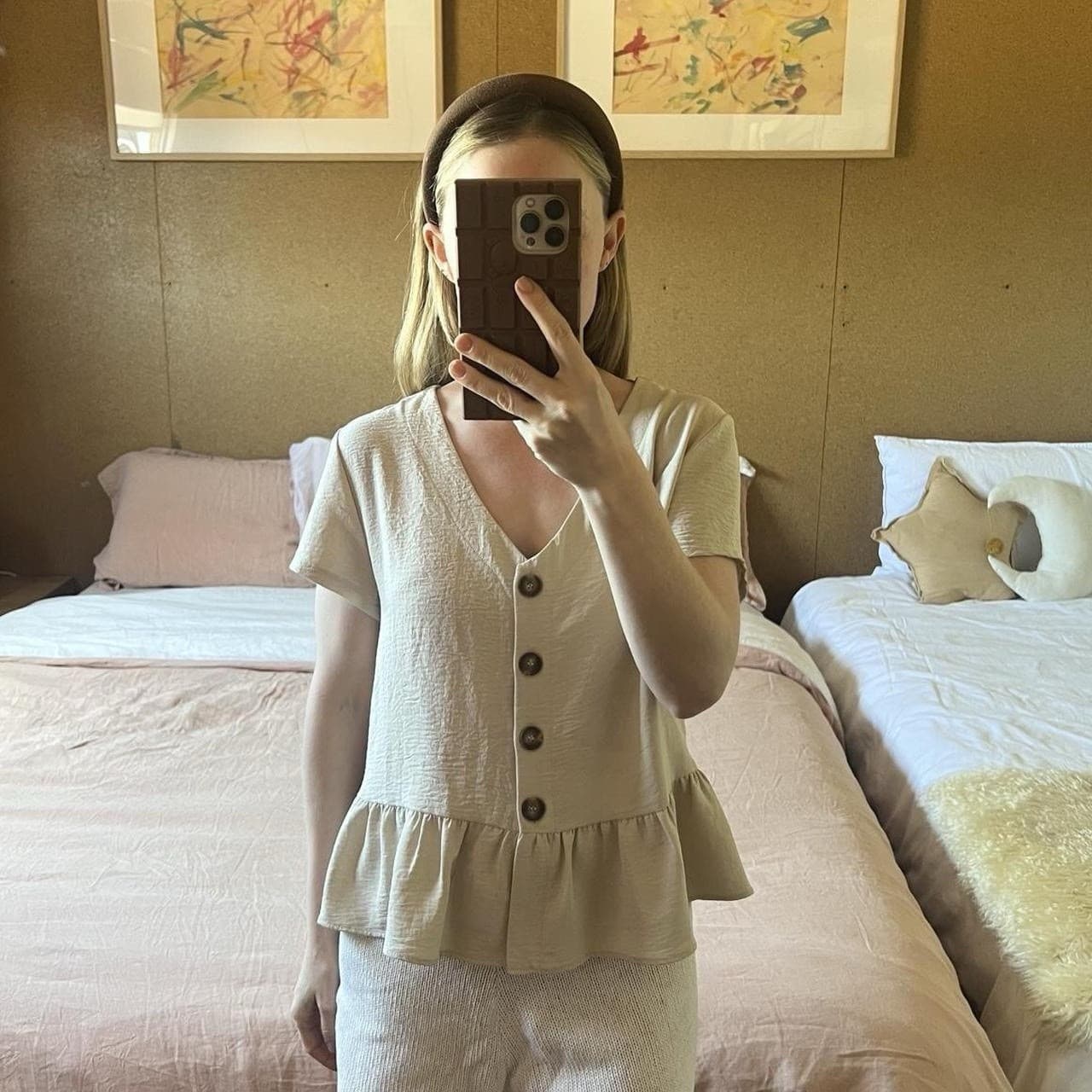 Petite Studio NYC Beige Crinkle Crepe Blouse PL Peplum Frill Coquette Boho — photo 7 of 7