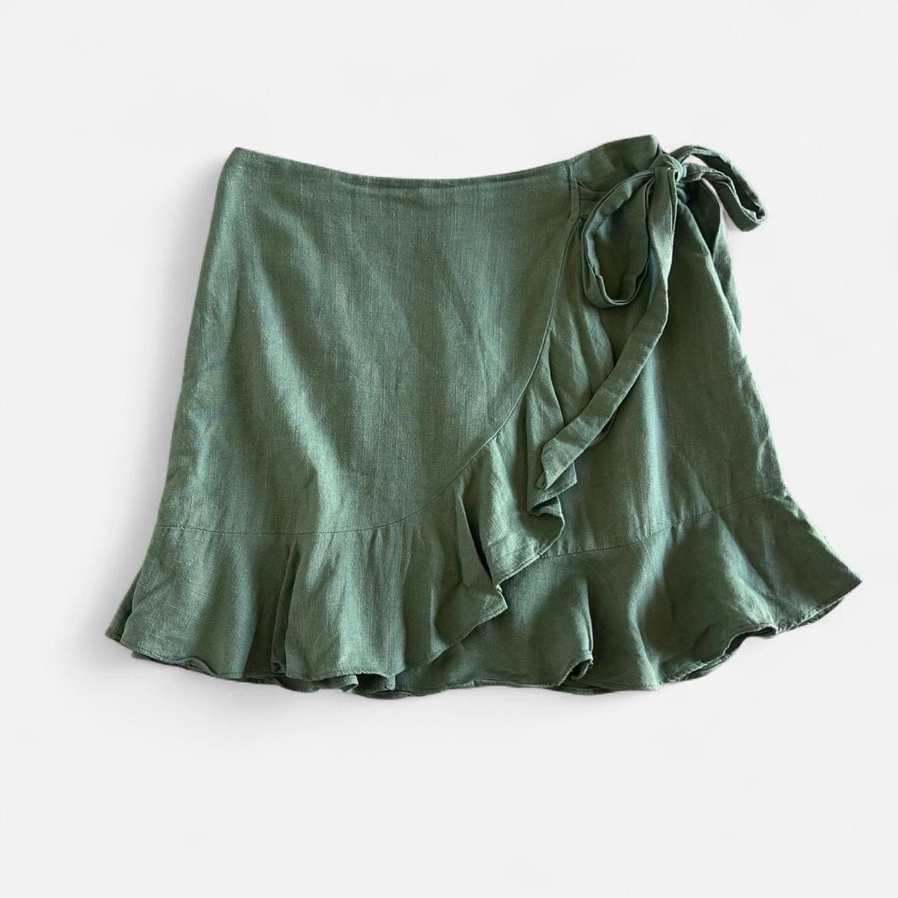 Ava Forest Green 100% Linen Wrap Mini Skirt 8 Ruffle Hem Boho Coastal Summer — photo 1 of 6