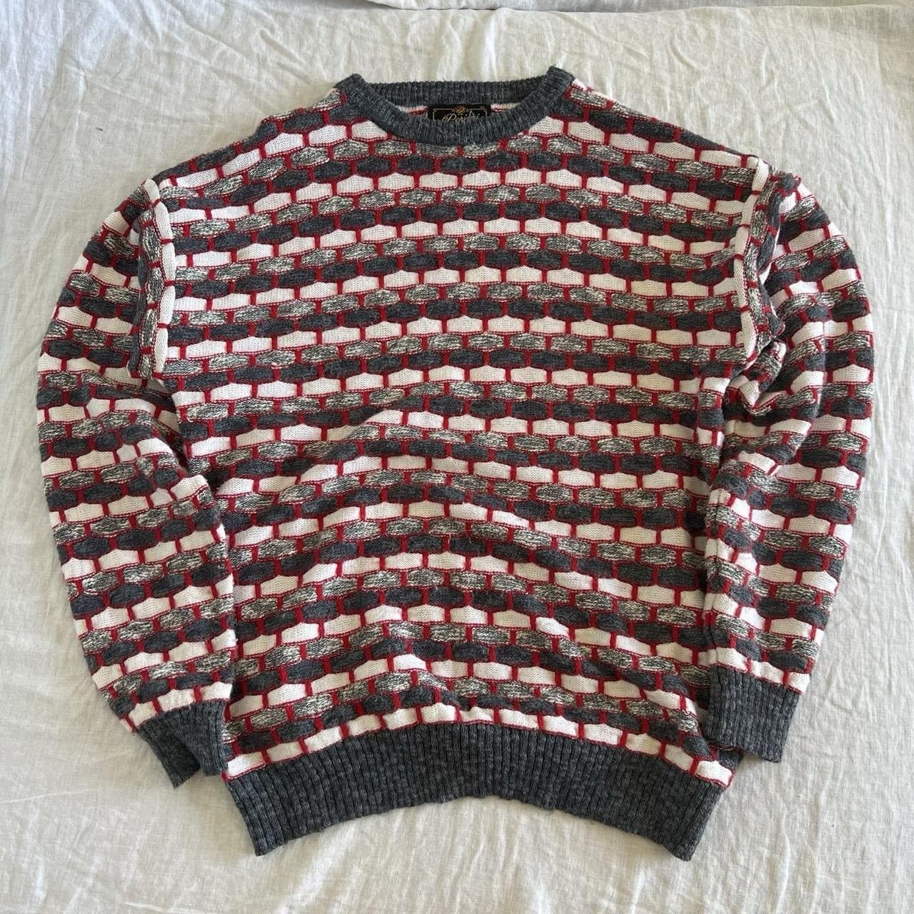 Vintage Perizzi Geometric Knit Sweater XL Grey White Red Grandpacore Crewneck — photo 1 of 8