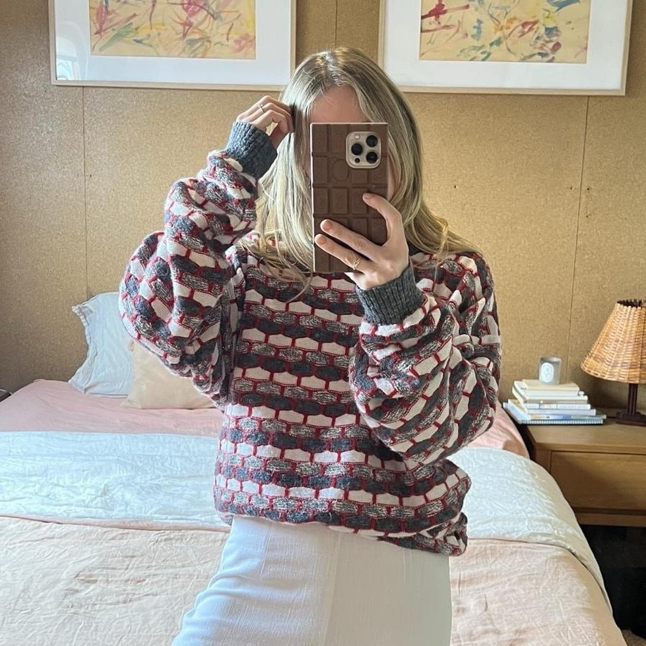 Vintage Perizzi Geometric Knit Sweater XL Grey White Red Grandpacore Crewneck — photo 2 of 8