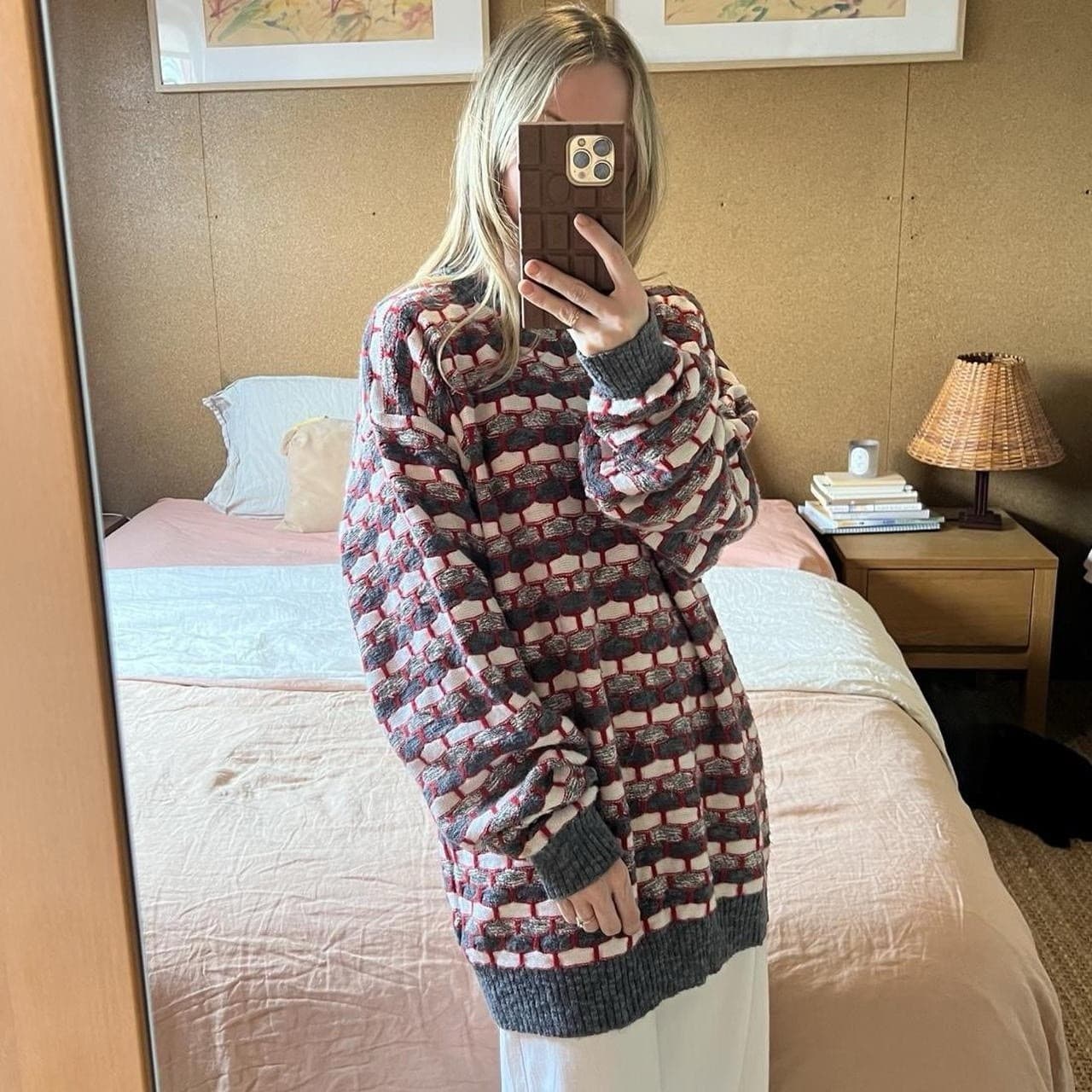 Vintage Perizzi Geometric Knit Sweater XL Grey White Red Grandpacore Crewneck — photo 3 of 8