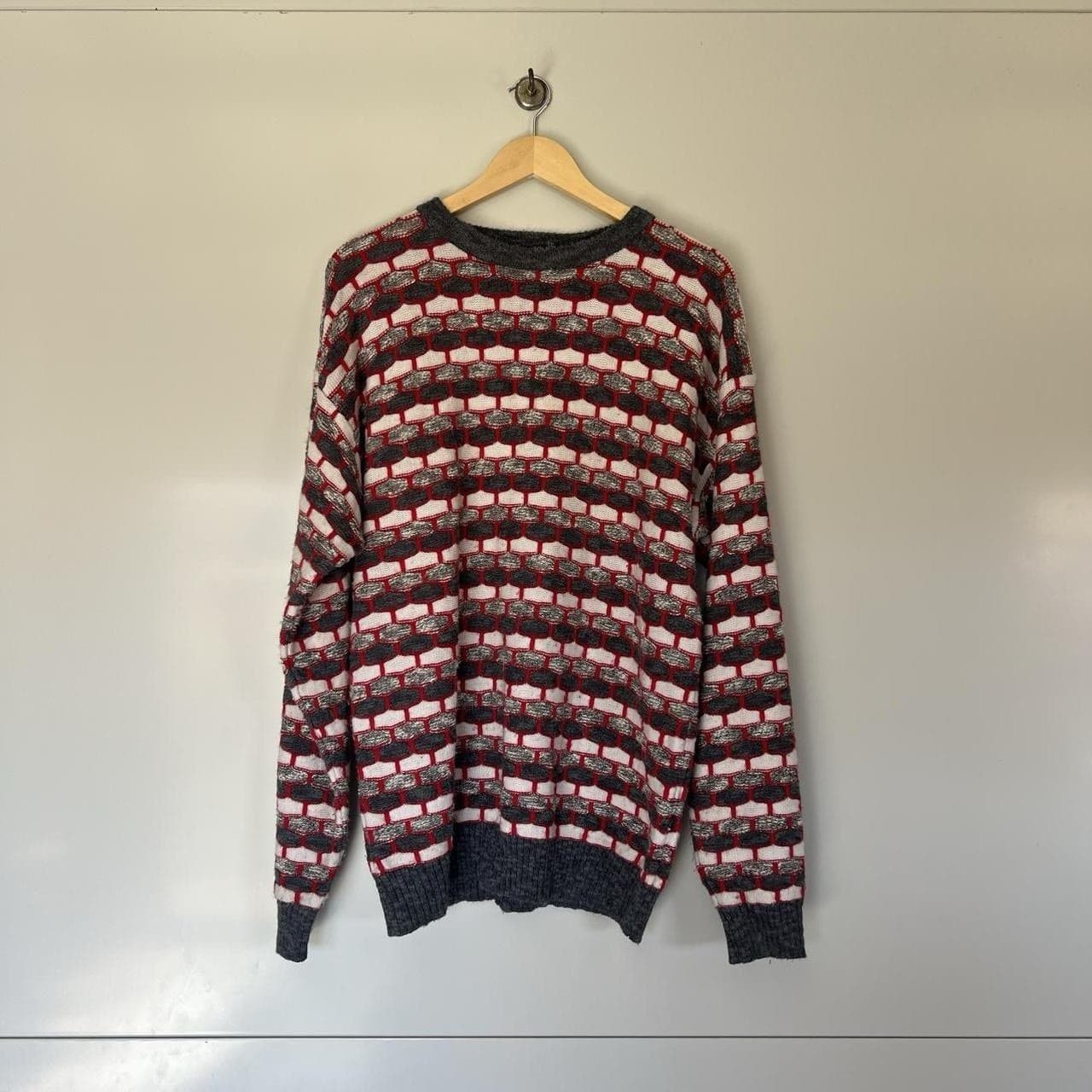 Vintage Perizzi Geometric Knit Sweater XL Grey White Red Grandpacore Crewneck — photo 4 of 8