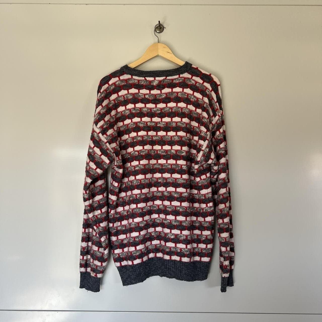 Vintage Perizzi Geometric Knit Sweater XL Grey White Red Grandpacore Crewneck — photo 5 of 8